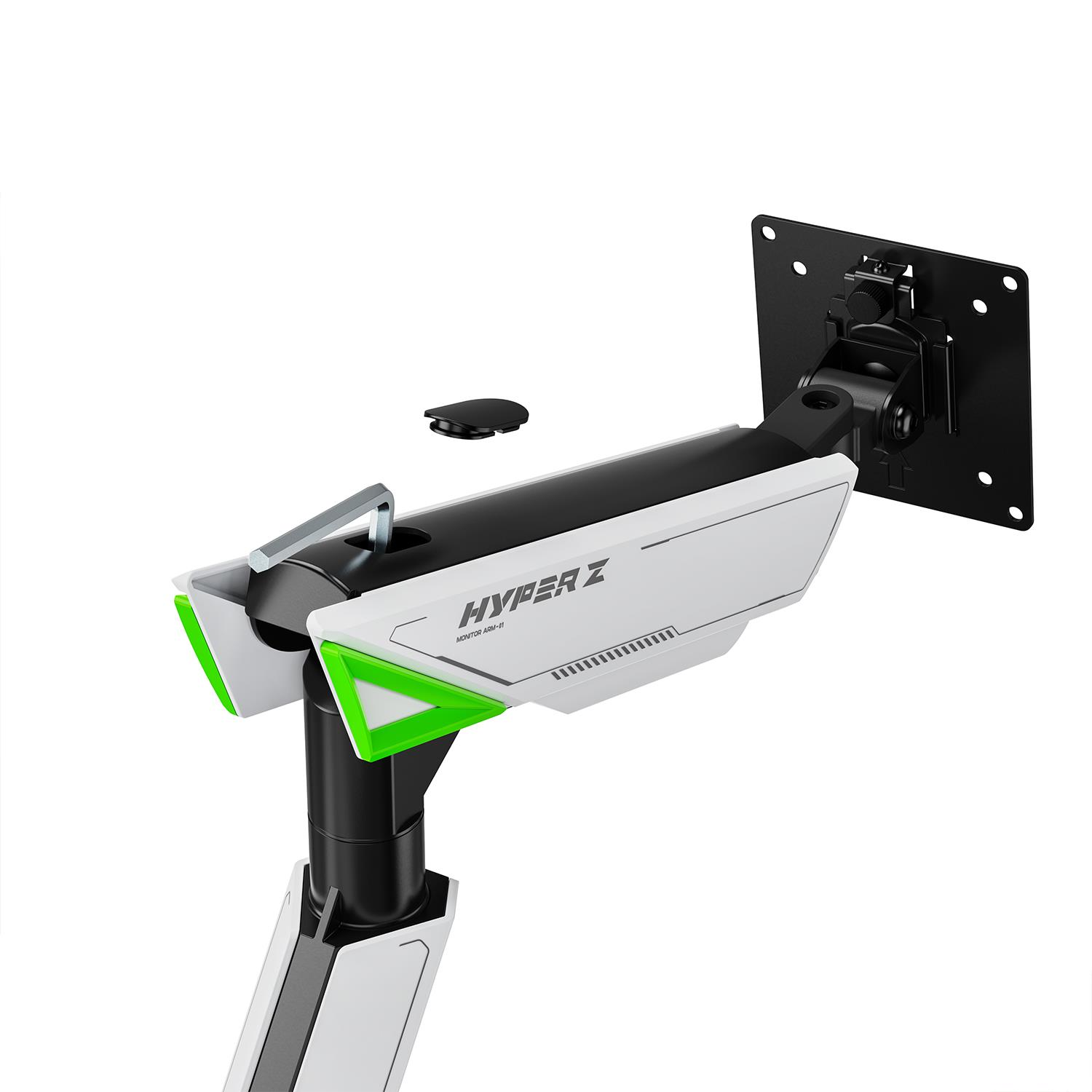 Yeşil vurgulara ve HYPER Z logosuna sahip beyaz monitör kolu.