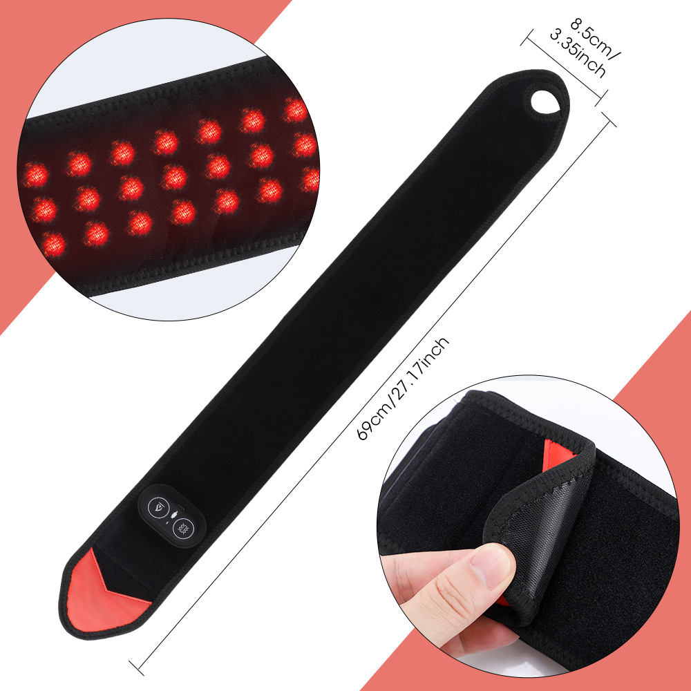 Schwarzes Band mit roten LEDs, Kontrollknopf und Maßen.