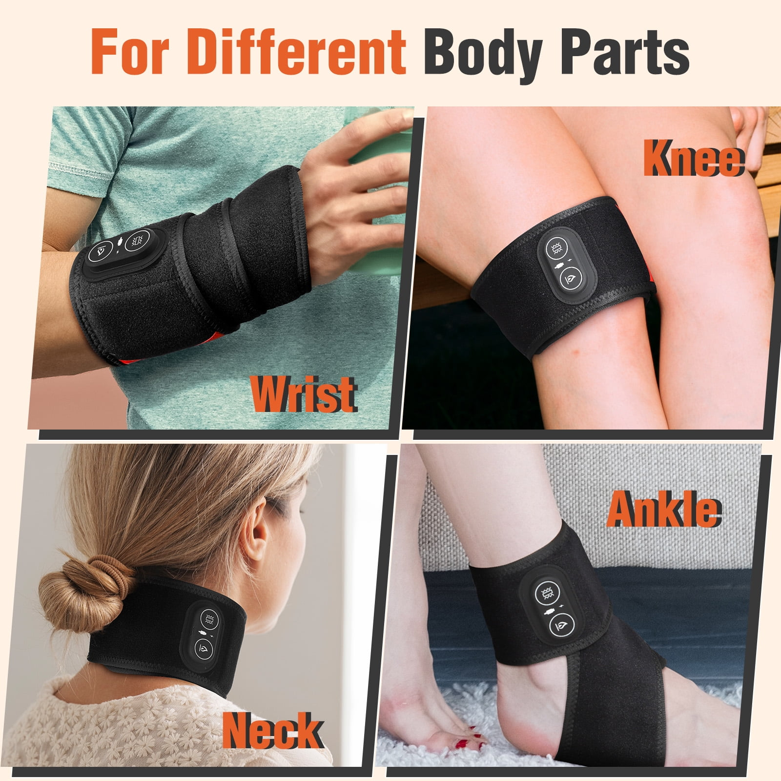 Vier Körperteile: Handgelenk, Knie, Nacken, Knöchel mit schwarzen Heizkissen.
