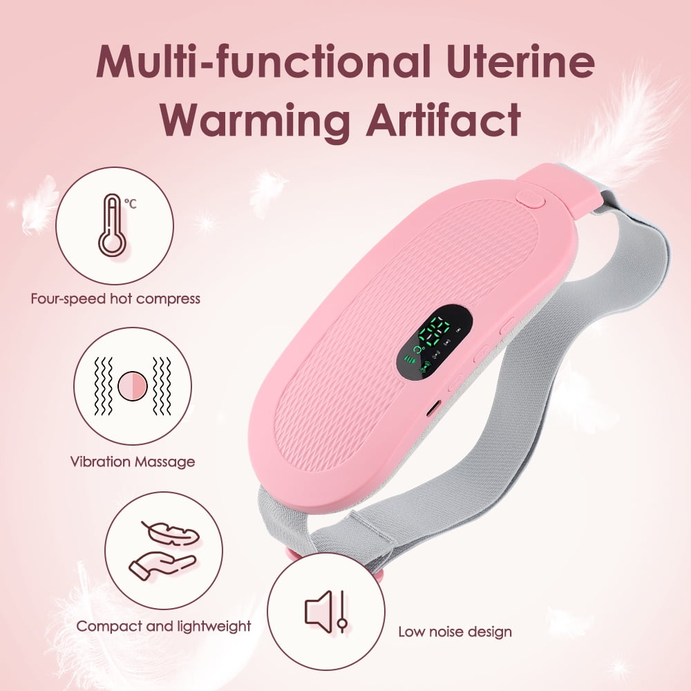 Ein rosa Heizgürtel mit Display und Symbolen für Wärme, Massage, Leichtigkeit und geringe Lautstärke.
