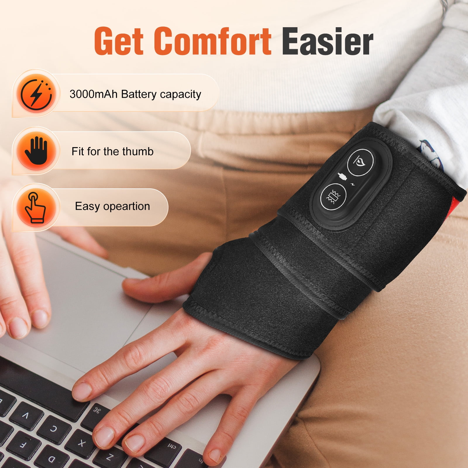Eine Person trägt eine schwarze Handgelenkbandage beim Tippen auf einem Laptop. Symbole heben Merkmale hervor.