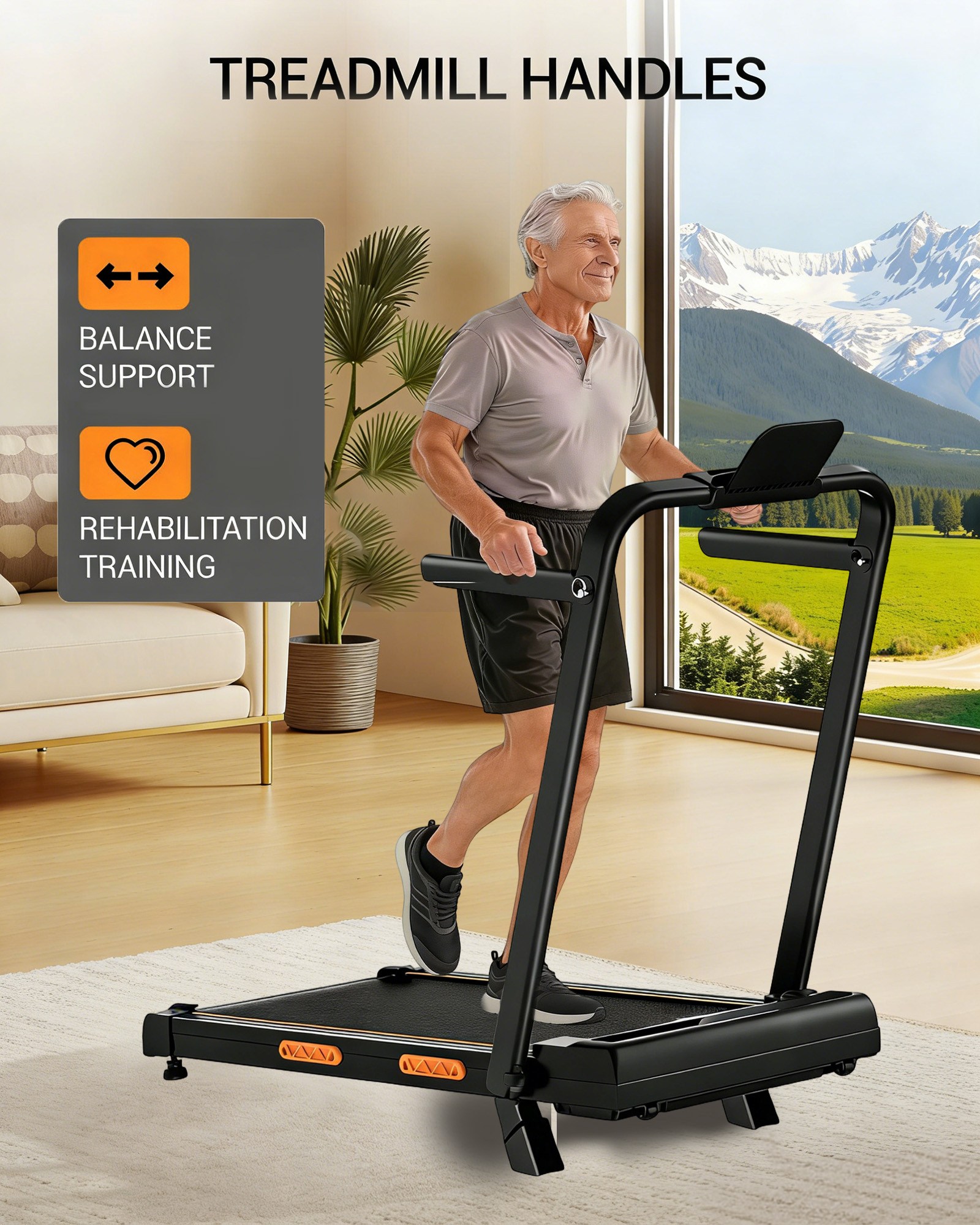 Ein älterer Mann läuft auf einem Laufband in einem hellen Raum mit Blick auf Berge.