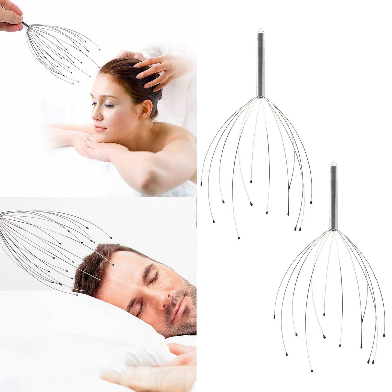 Kopfmassagegerät mit Metallarmen, das auf zwei Personen angewendet wird.