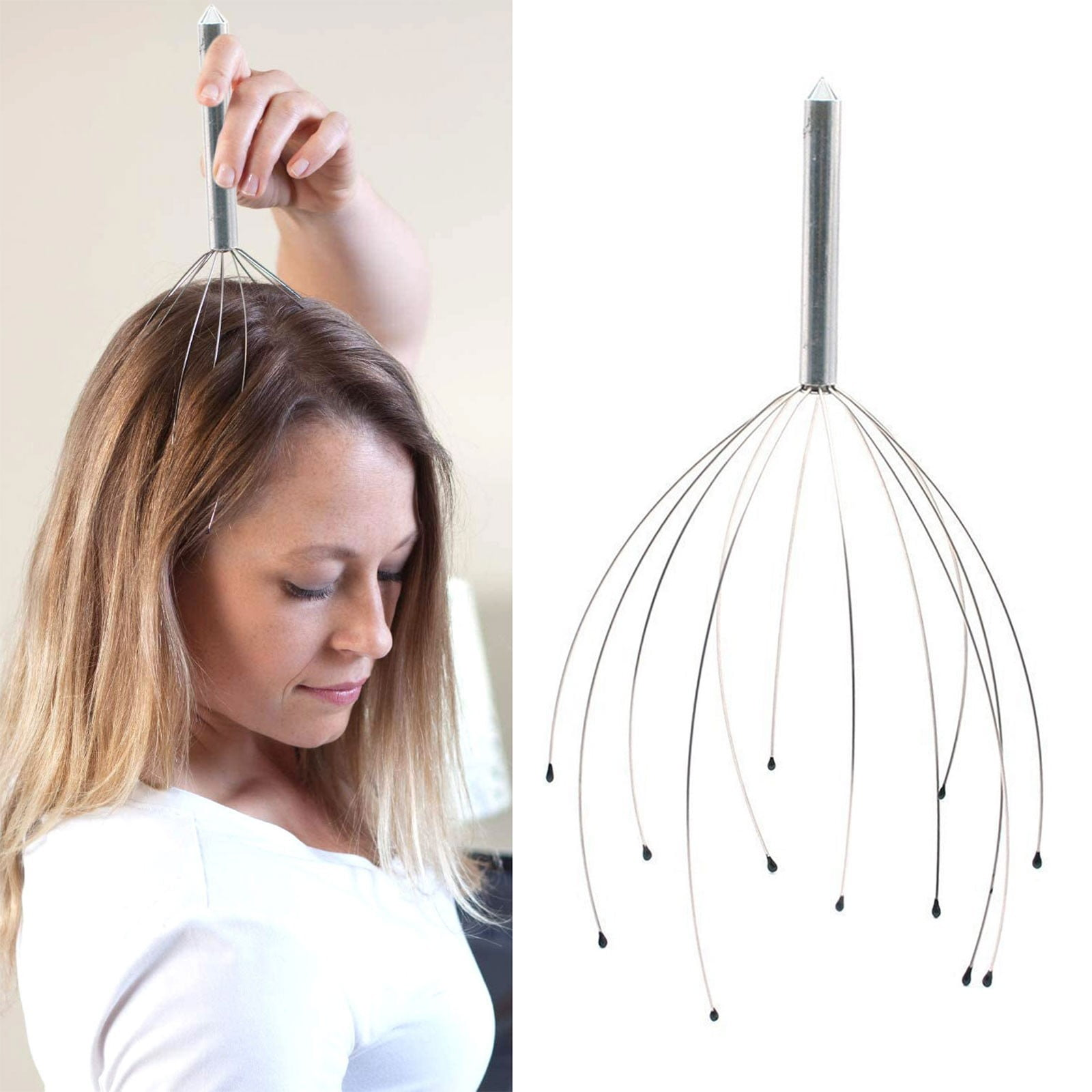 Eine Frau benutzt ein Kopfmassagegerät mit Metallgriff und flexiblen Drähten, während ein eigenständiges Massagegerät rechts zu sehen ist.
