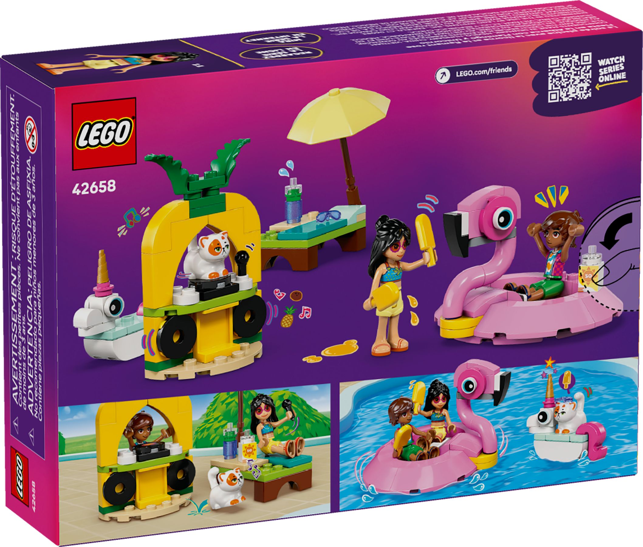 LEGO-Set: Bunte Strandparty mit Flamingoboot, Eis und Figuren.