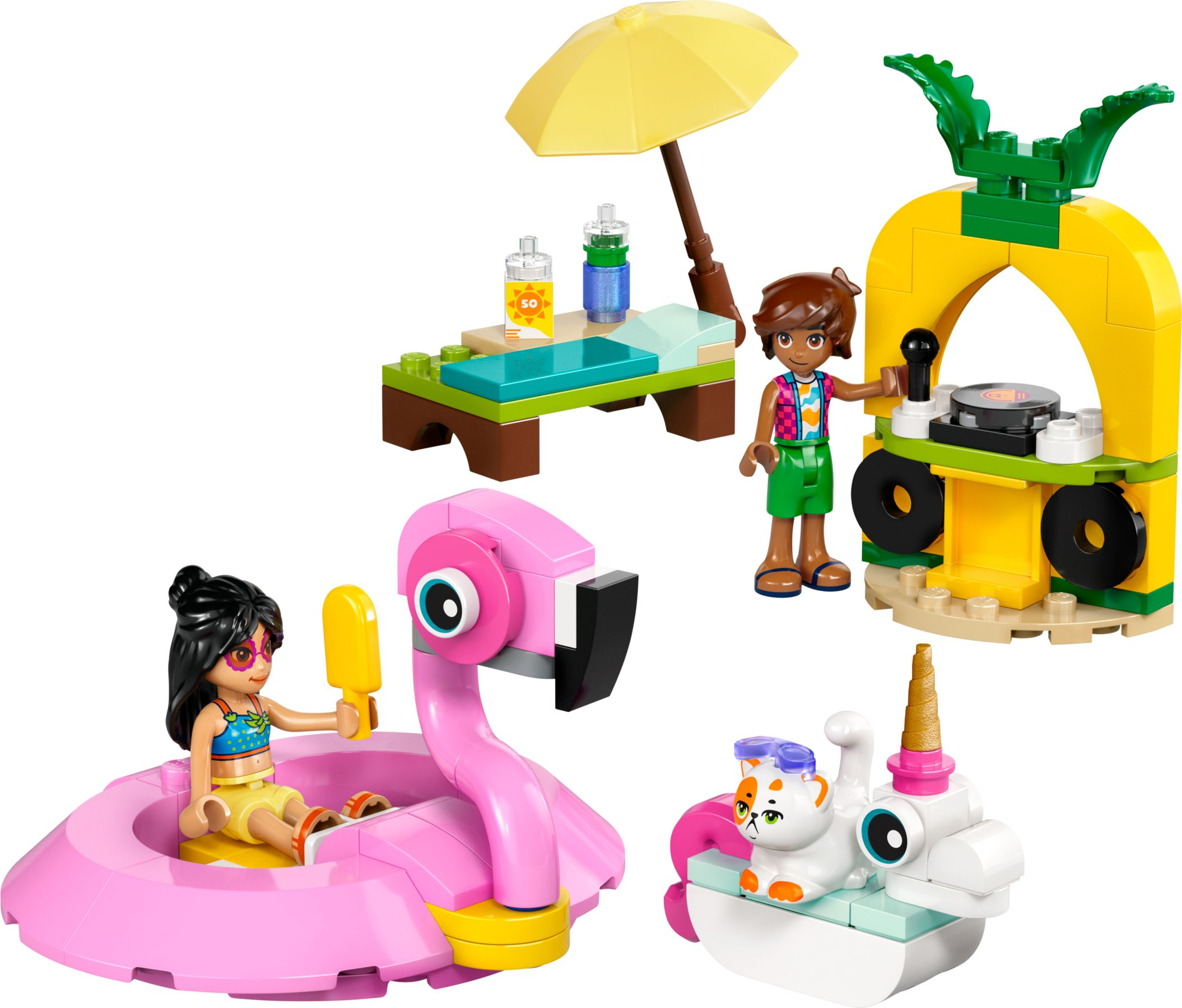 Lego-Figuren am Strand mit Flamingo-Pool, Liege und Ananas-DJ-Stand.