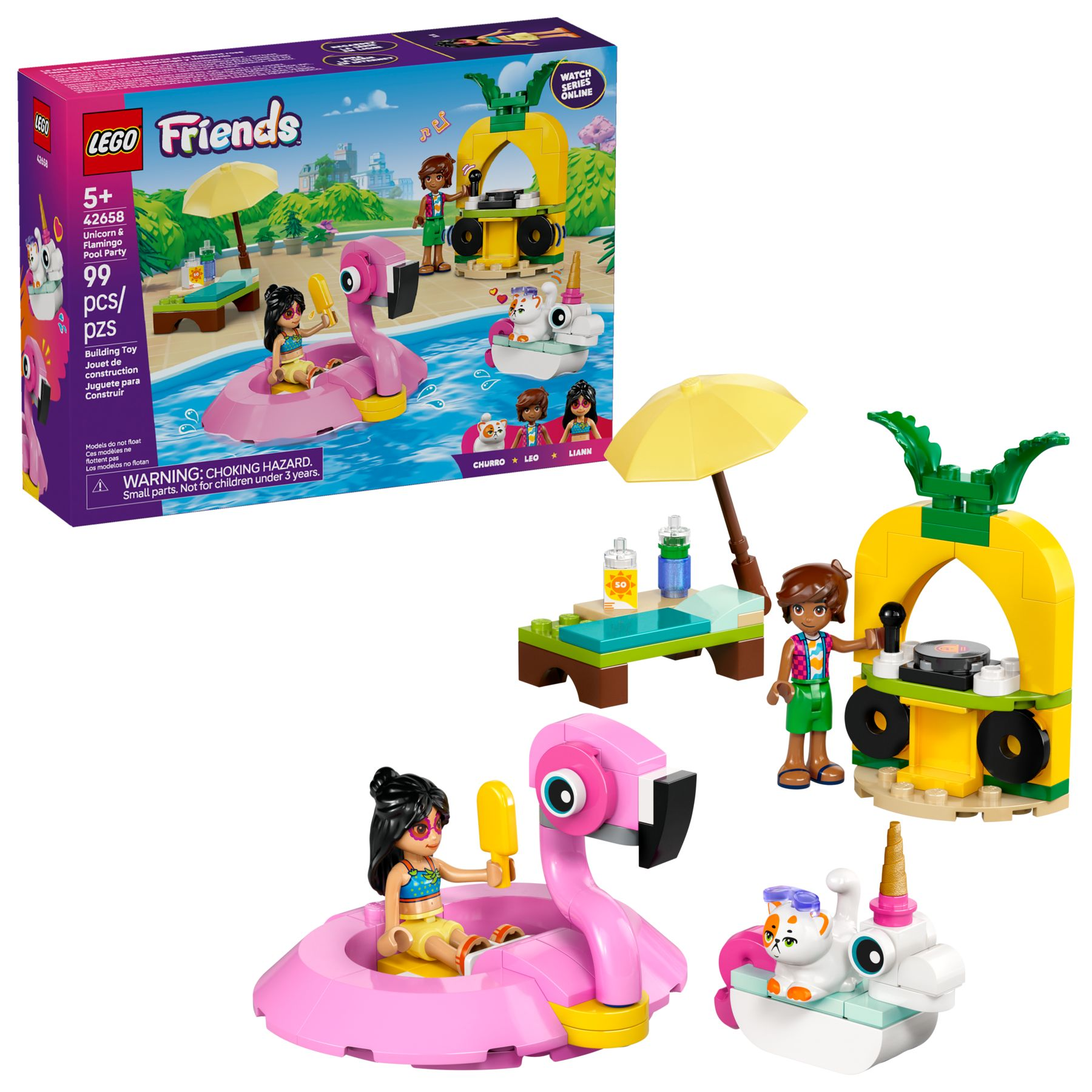 LEGO Friends Set mit Figuren, einem Flamingo-Poolfloat, Liege und einer Ananas-DJ-Station.