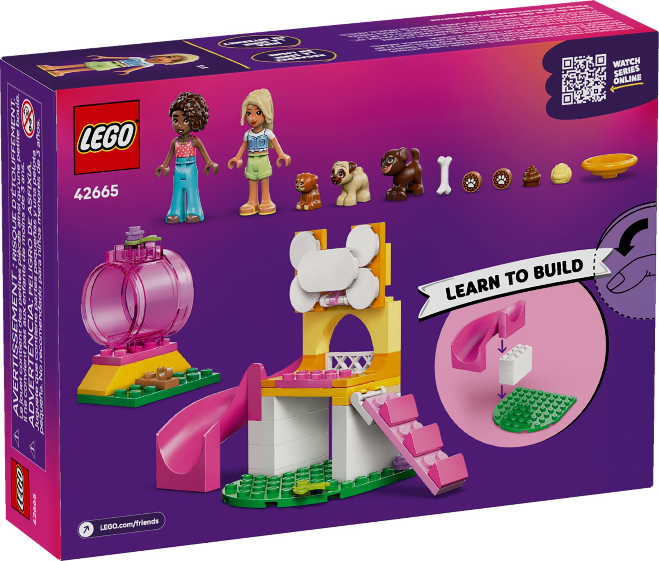 LEGO Friends Set mit zwei Minipuppen, Hunden, einem Hamsterlaufrad und Spielplatz.
