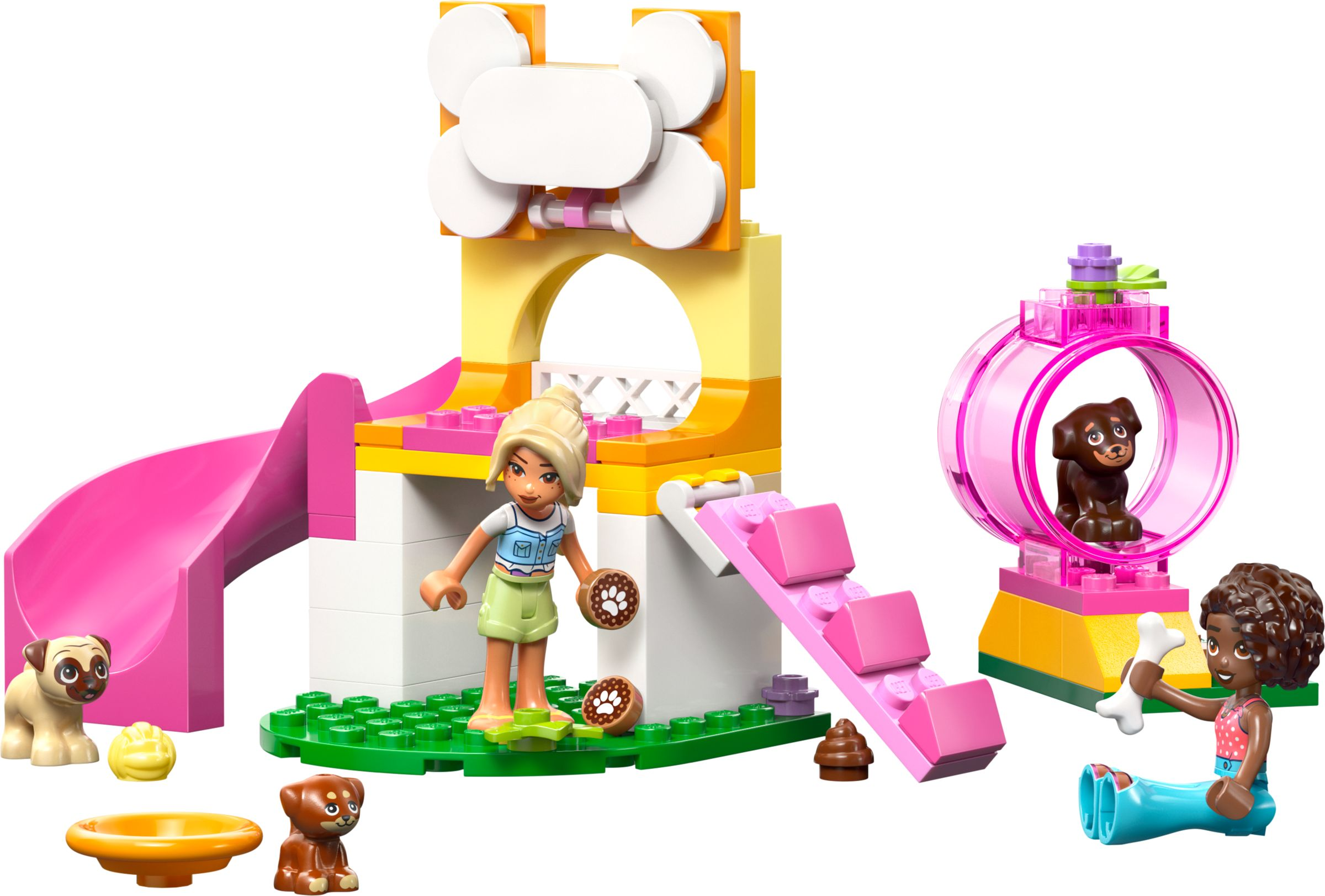Zwei Mädchen spielen mit Hunden und einem Spielplatz mit Rutsche und Hamsterlaufrad.