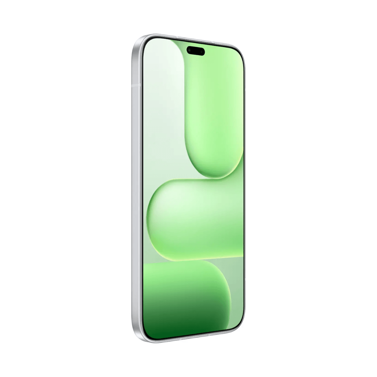 Srebrny smartfon z zieloną tapetą z zaokrąglonymi kształtami.