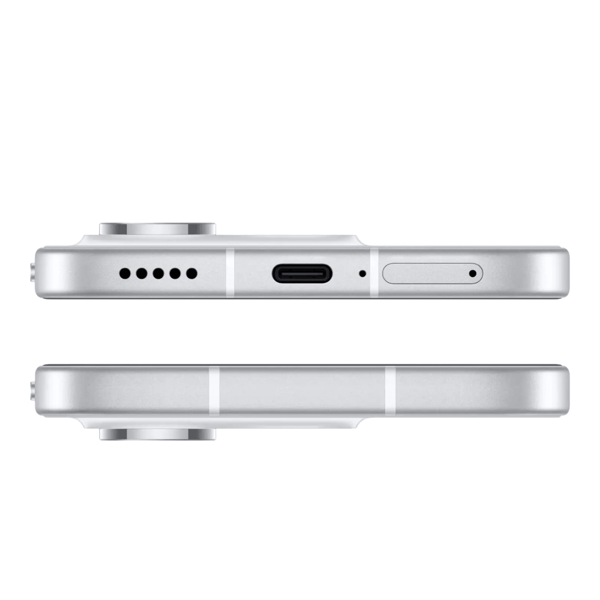 Zbliżenie srebrnego smartfona z portem USB-C i maskownicami głośników.