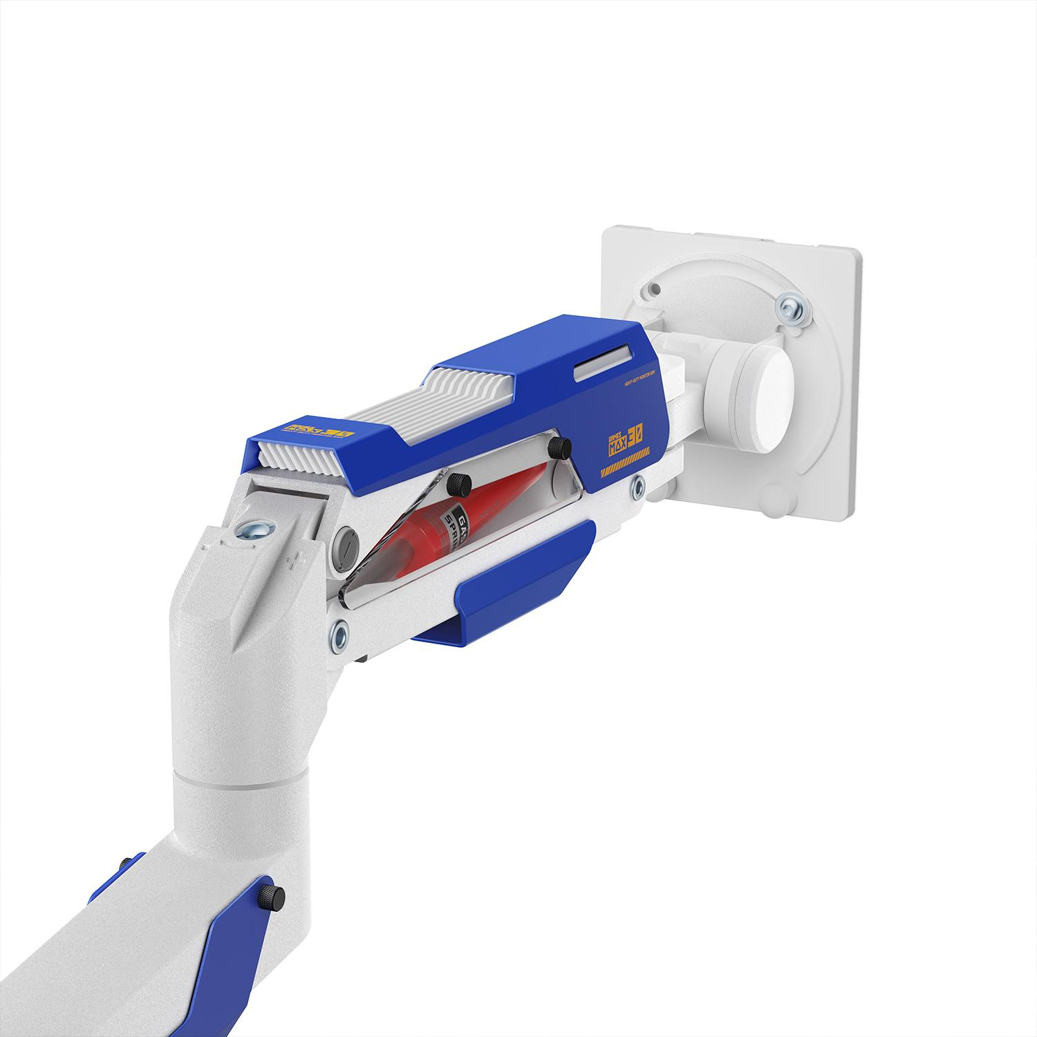 İçinde kırmızı bir nesne bulunan beyaz ve mavi robotik kol, beyaz bir duvar plakasına monte edilmiştir.