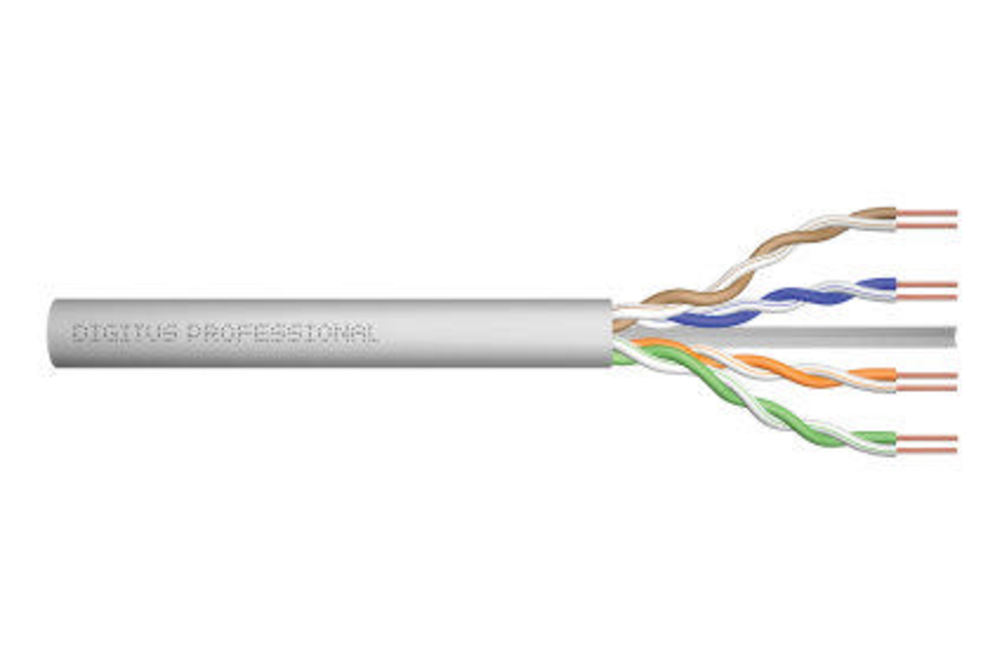 Kahverengi, mavi, turuncu ve yeşil tellerden oluşan dört bükümlü çiftli gri Ethernet kablosu.