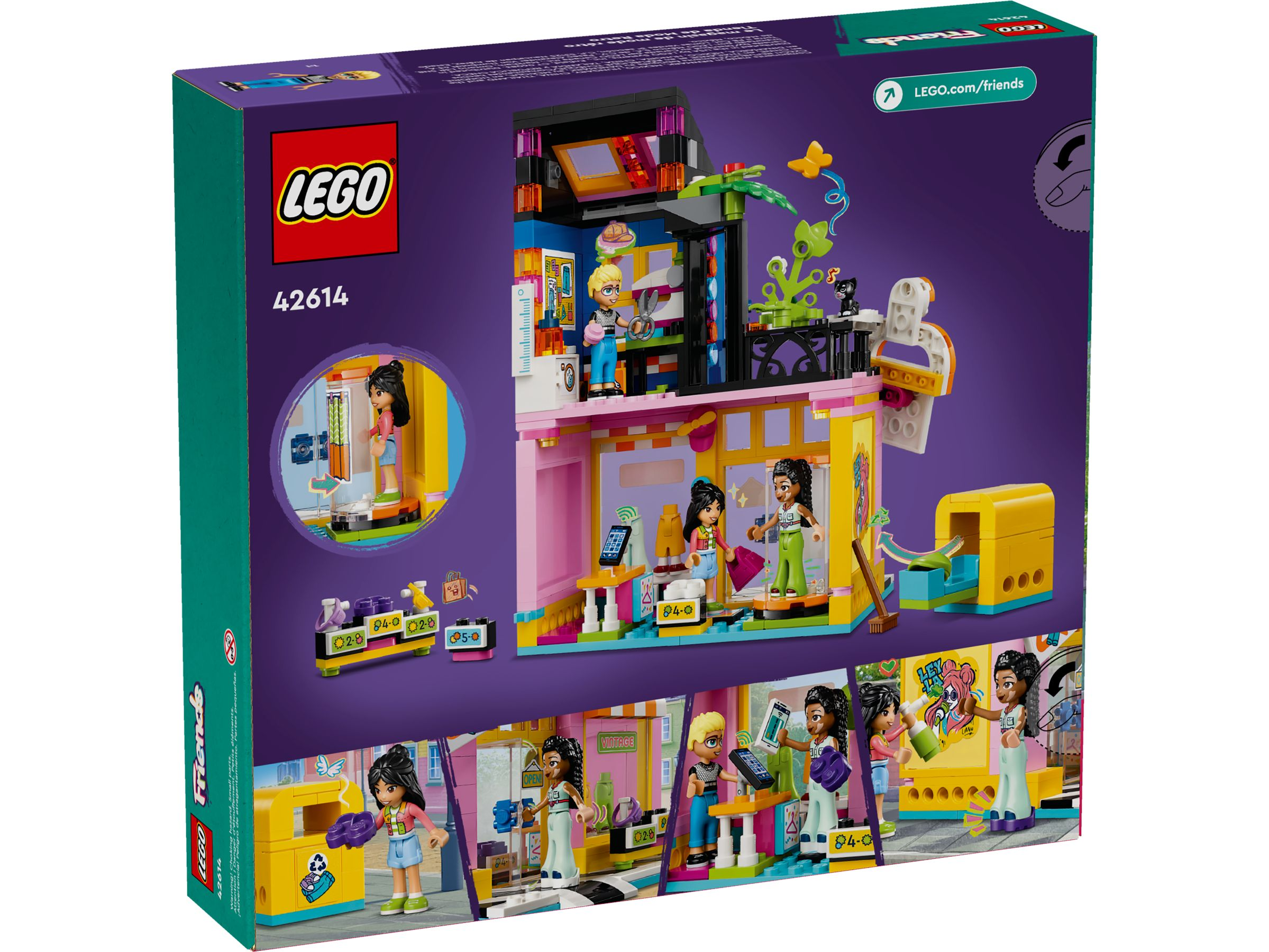 LEGO-Freunde-Set mit Figuren, Geschäften und Zubehör auf lila Hintergrund.