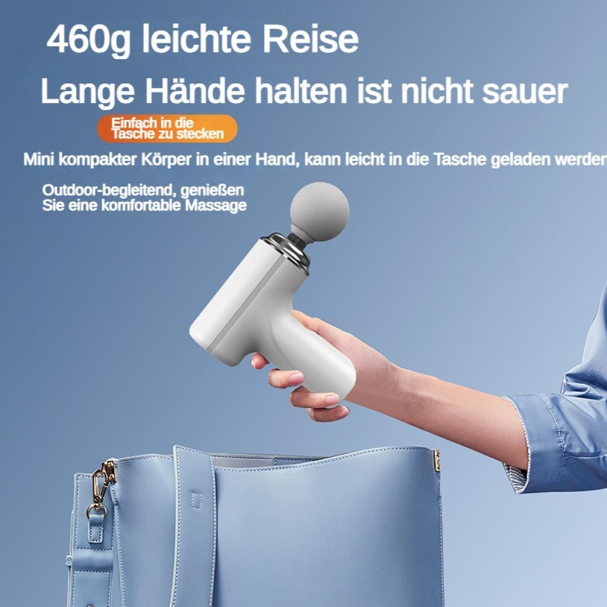 Leichte weiße Massagepistole wird in eine blaue Tasche gelegt.