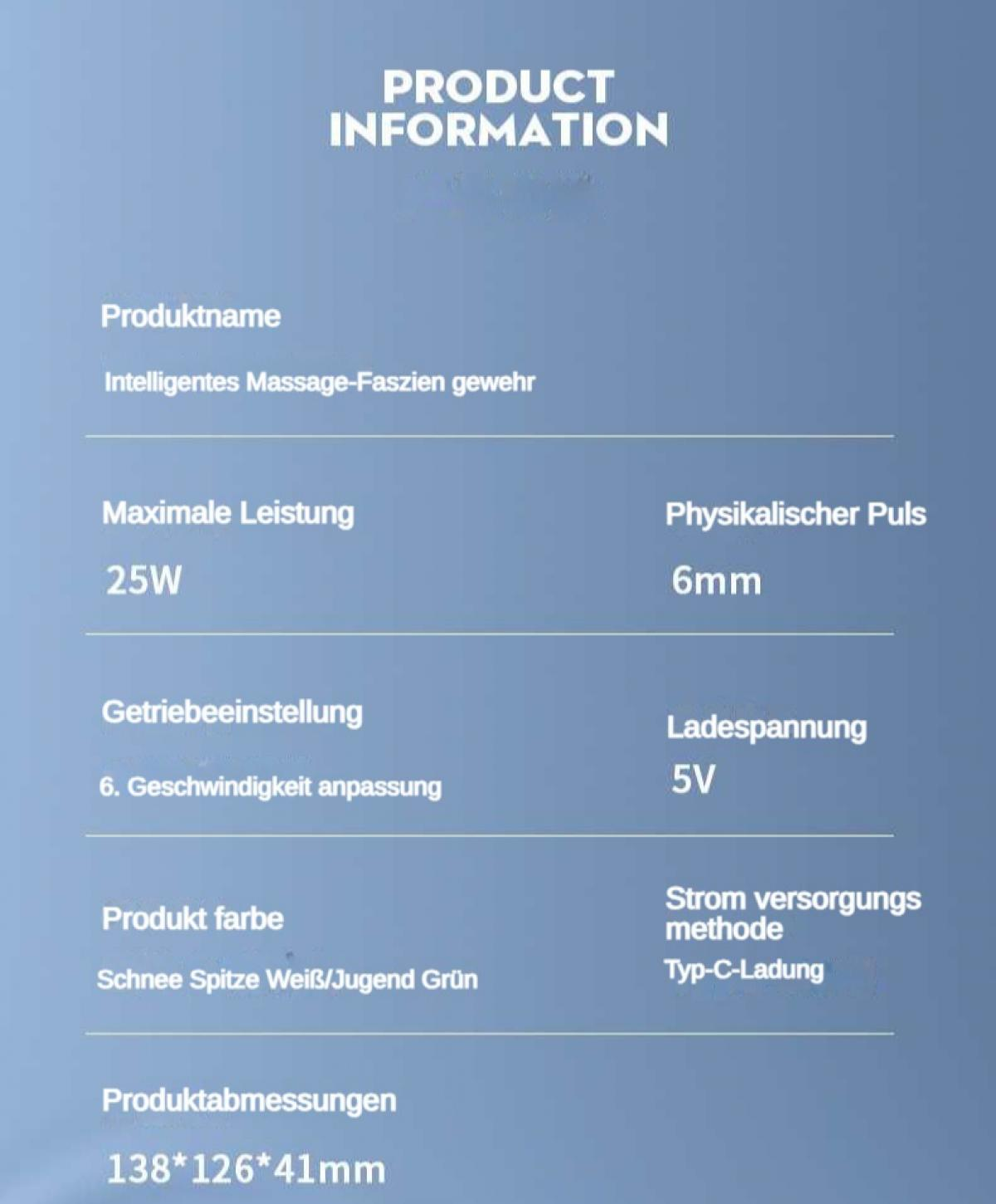 Produktdetails: Massagepistole, 25W, 6mm Puls, 5V, Typ-C, weiß/grün, 138x126x41mm.