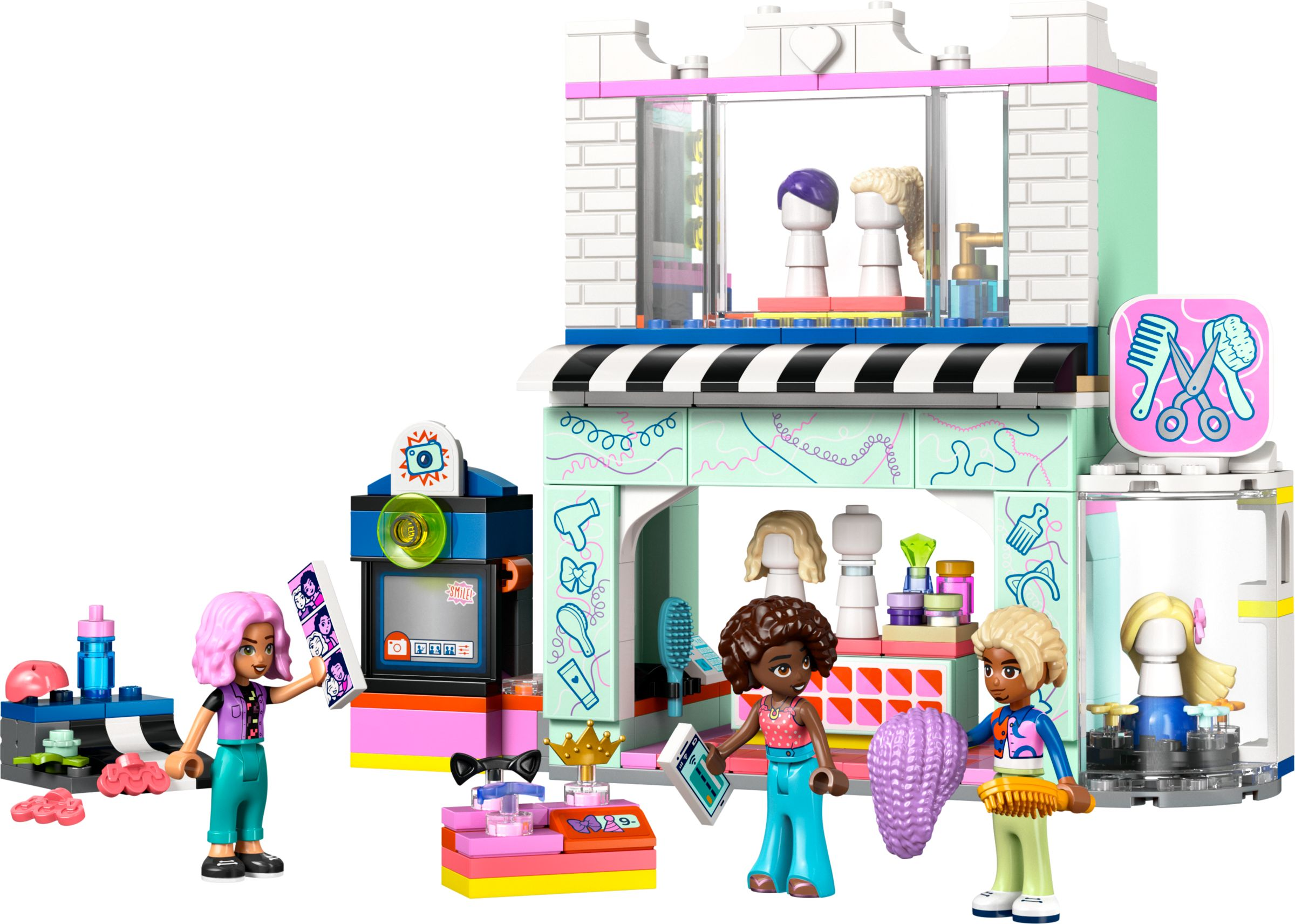 Lego-Friseursalon mit Figuren, Werkzeugen und einem Fotokabinen-Spielzeug.