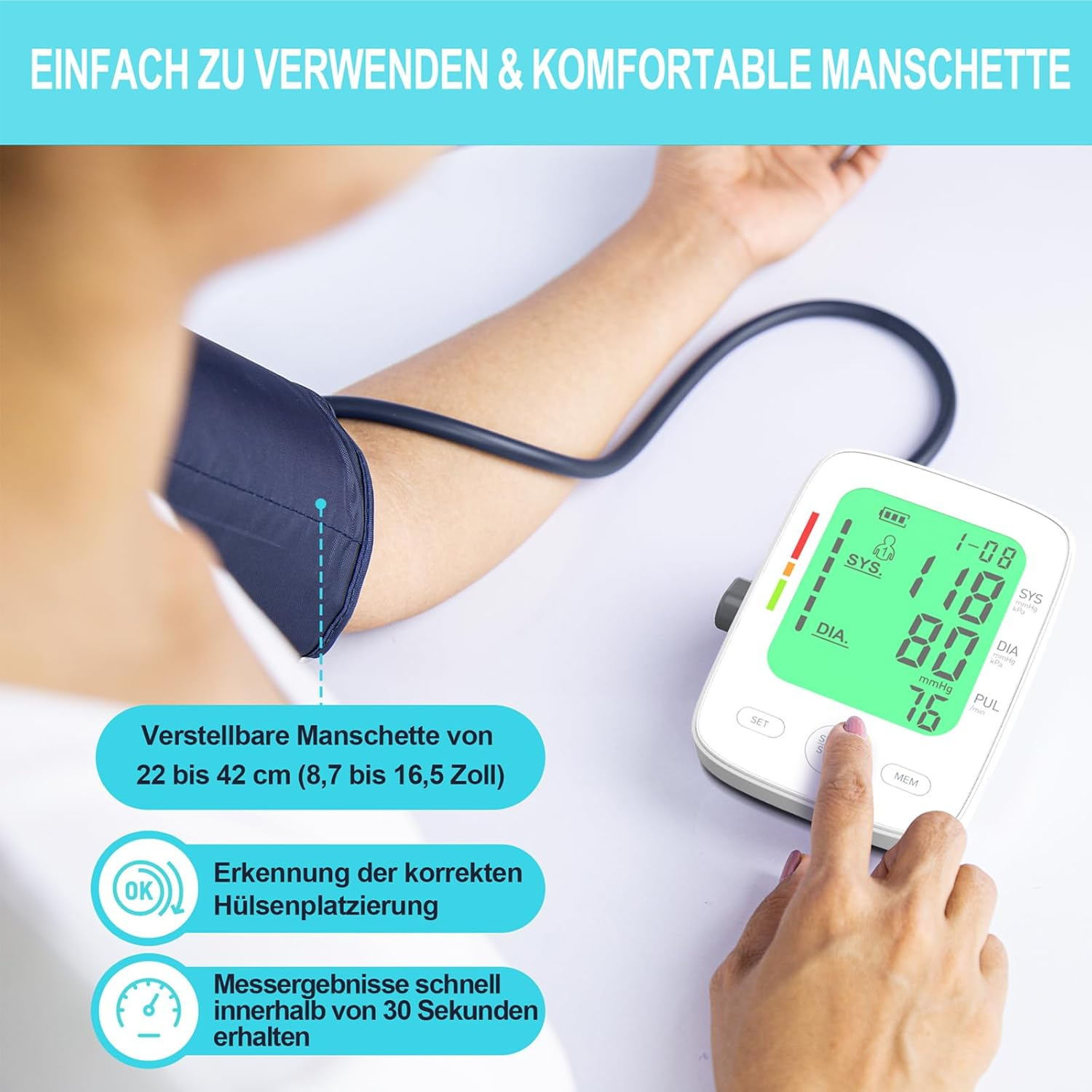 Blutdruckmessgerät mit Manschette am Arm und digitaler Anzeige.