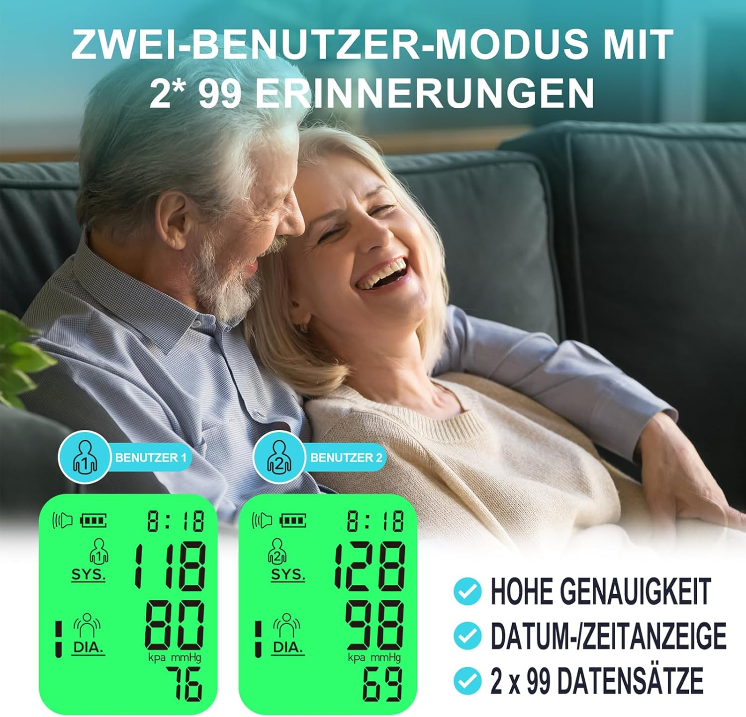 Zwei-Benutzer-Modus mit 2x99 Erinnerungen, Blutdruckwerte für Benutzer 1 und 2.
