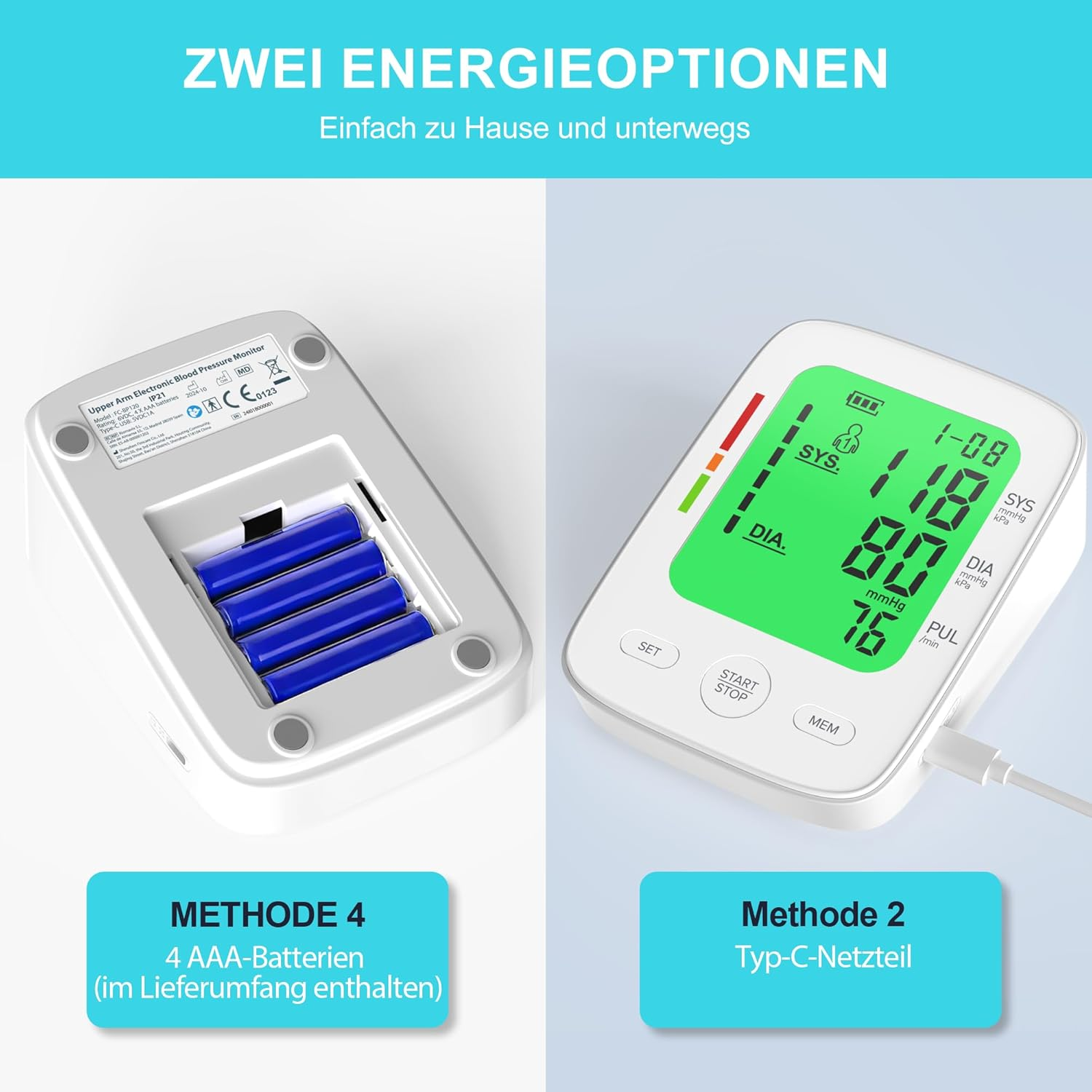 Blutdruckmessgerät mit zwei Energieoptionen: Batterien und Netzteil.