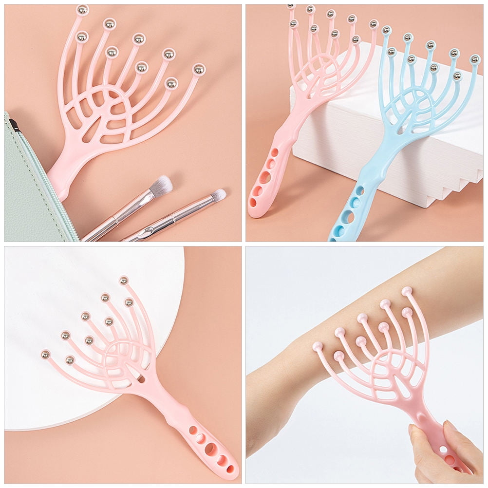 Vier Bilder von rosa und blauen Kopfmassagegeräten mit Metallkugeln.