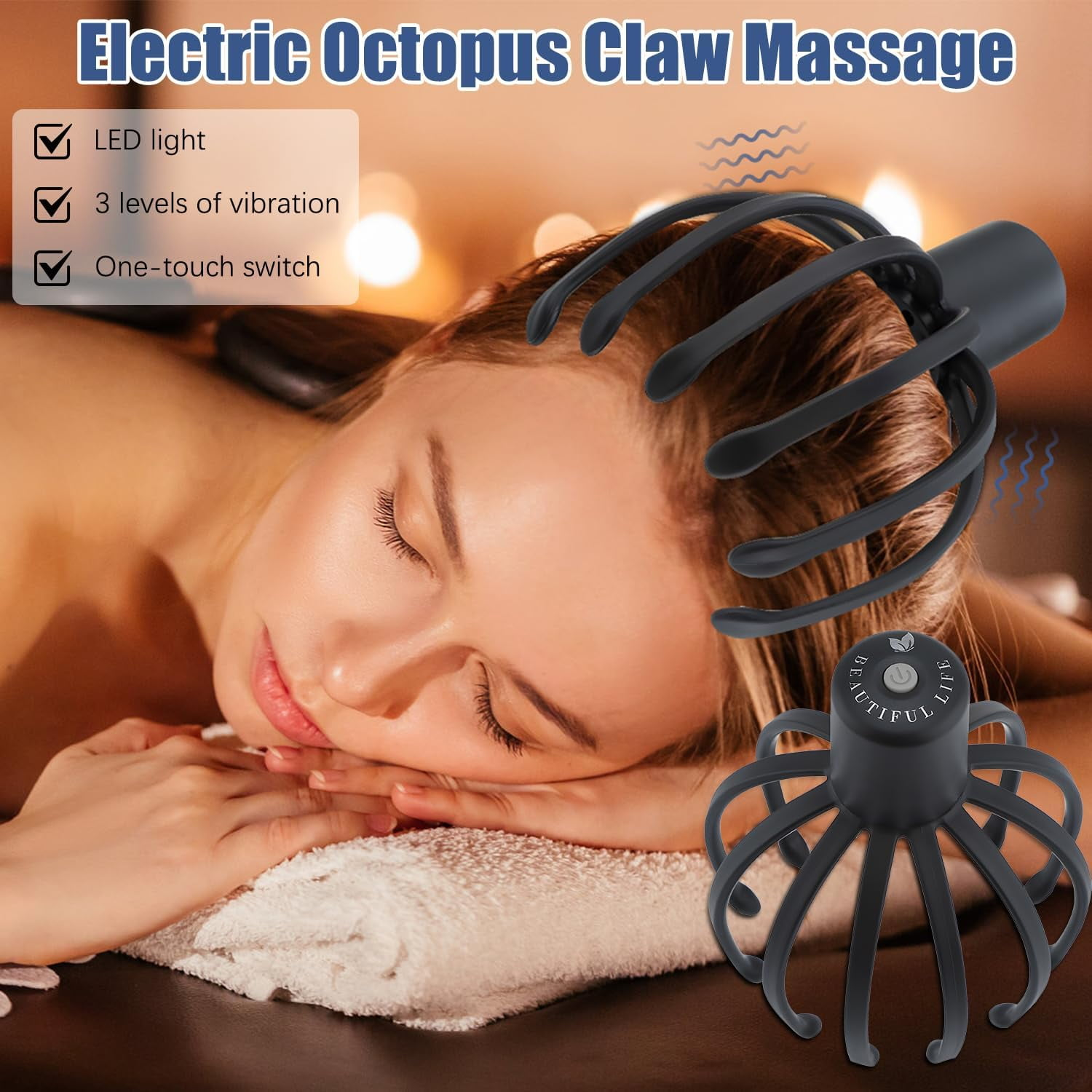 Elektrischer Oktopus-Klauenmassagegerät auf einem entspannenden Gesicht.