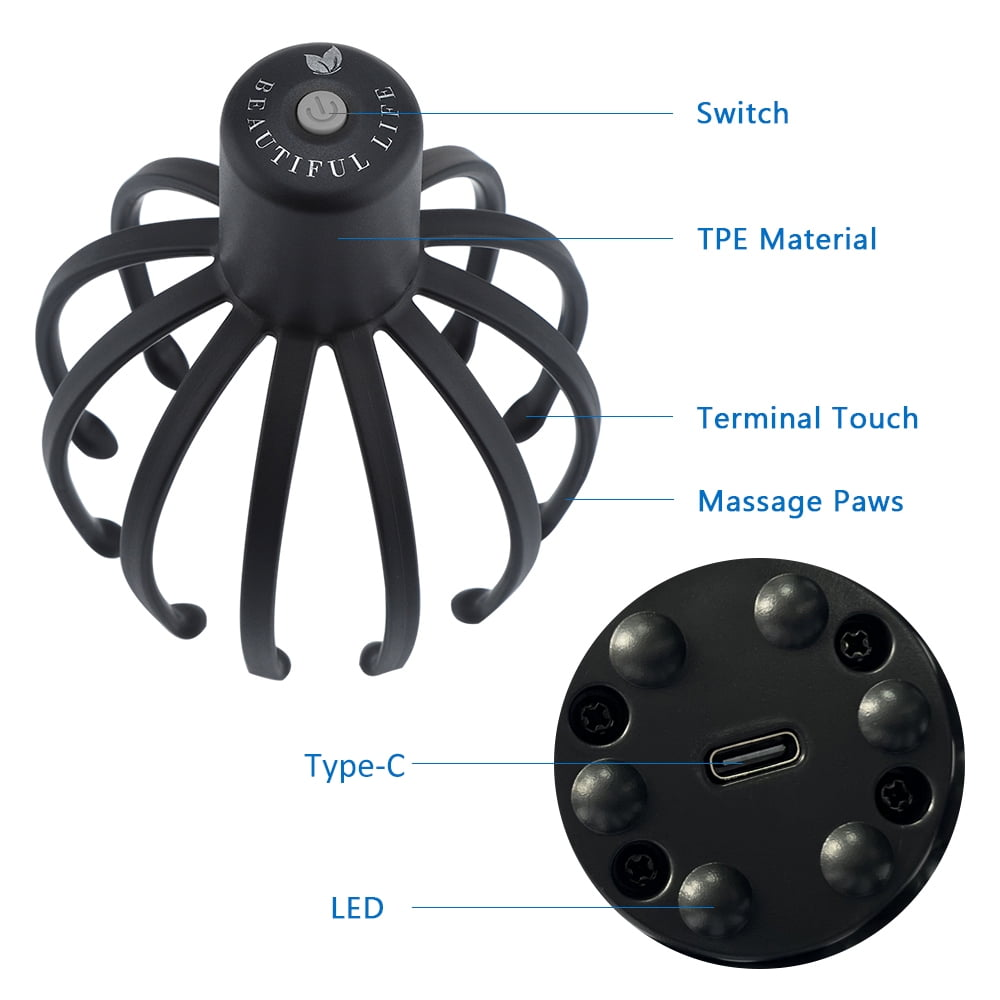 Schwarzer Massagekopf mit flexiblen Armen, LED und Typ-C-Anschluss.