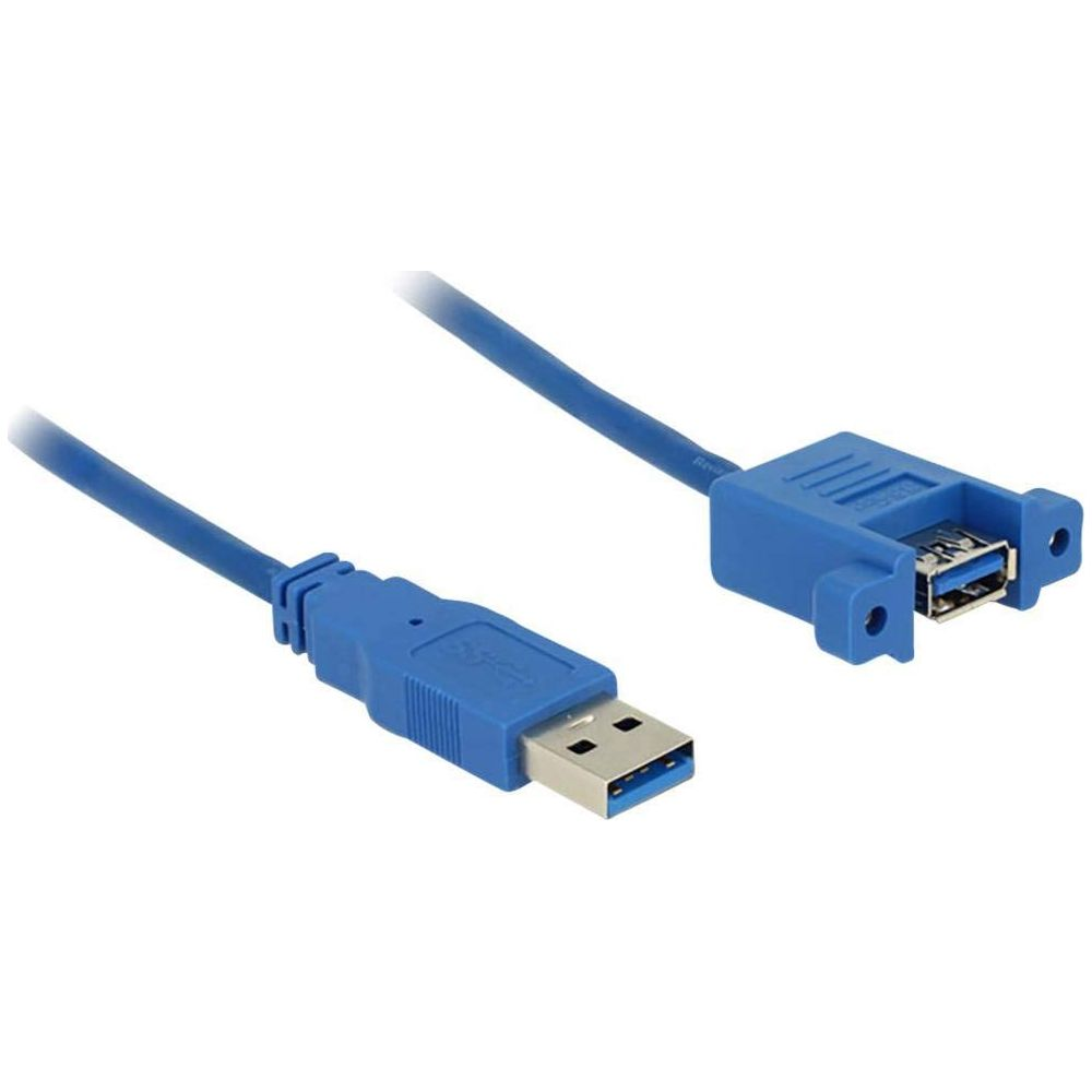 Niebieski kabel USB 3.0 z wtyczką męską i żeńskim portem.