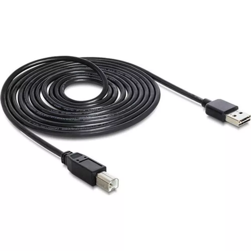 Een opgerold zwart USB-kabel met Type-A en Type-B connectoren.