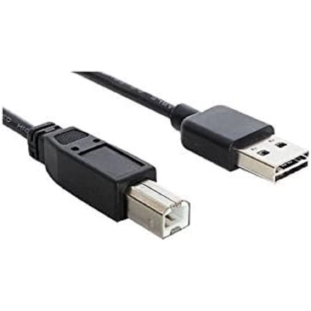 Een zwarte USB-kabel met Type-A en Type-B connectoren.