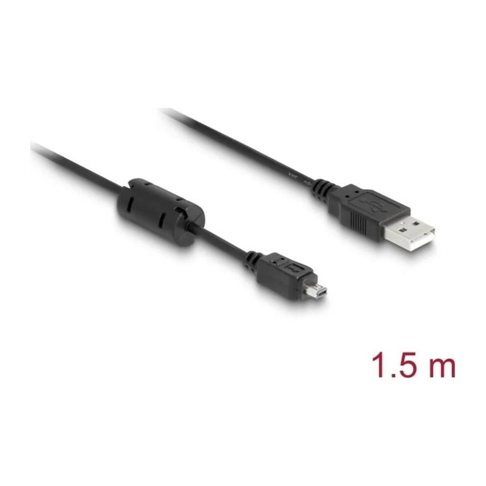 Een zwarte USB naar Mini USB kabel met ferrietkraal en 1,5 m lengteaanduiding.
