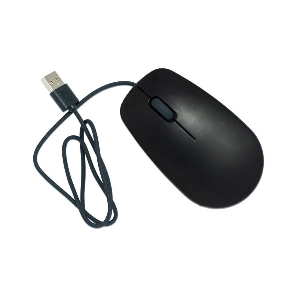Un mouse USB nero per computer con rotellina grigia su sfondo bianco.