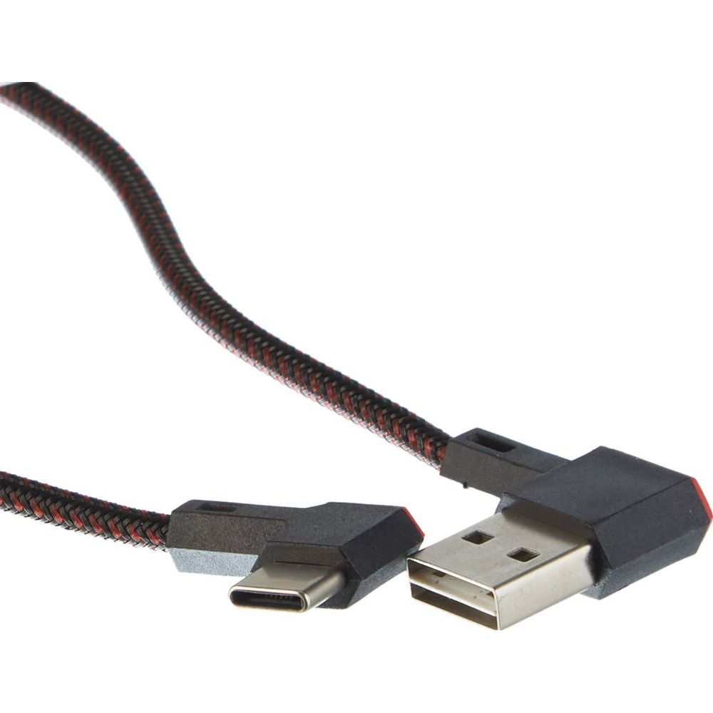 Un cavo USB-C a USB-A nero e rosso con angoli di 90 gradi su entrambe le estremità.