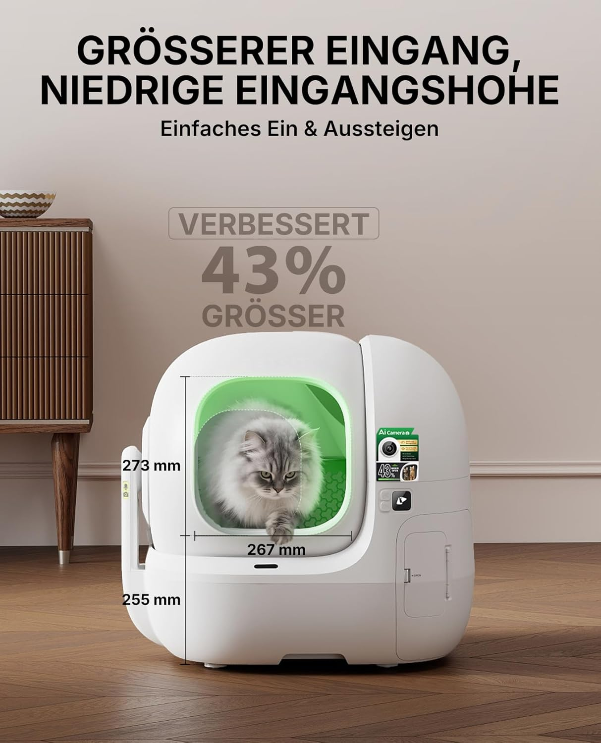 Große, niedrige Katzentoilette mit Katze. Maße: 273mm, 267mm, 255mm.