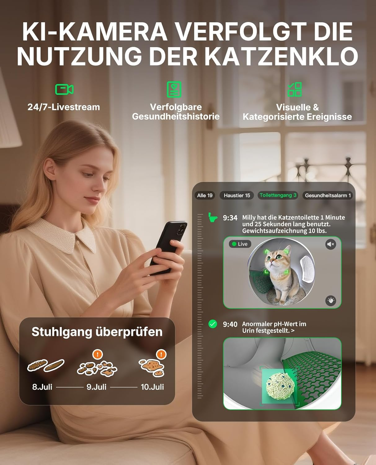 KI-Kamera überwacht Katzentoilette: Livestream, Historie, Ereignisse, Stuhl- & Urinanalyse.