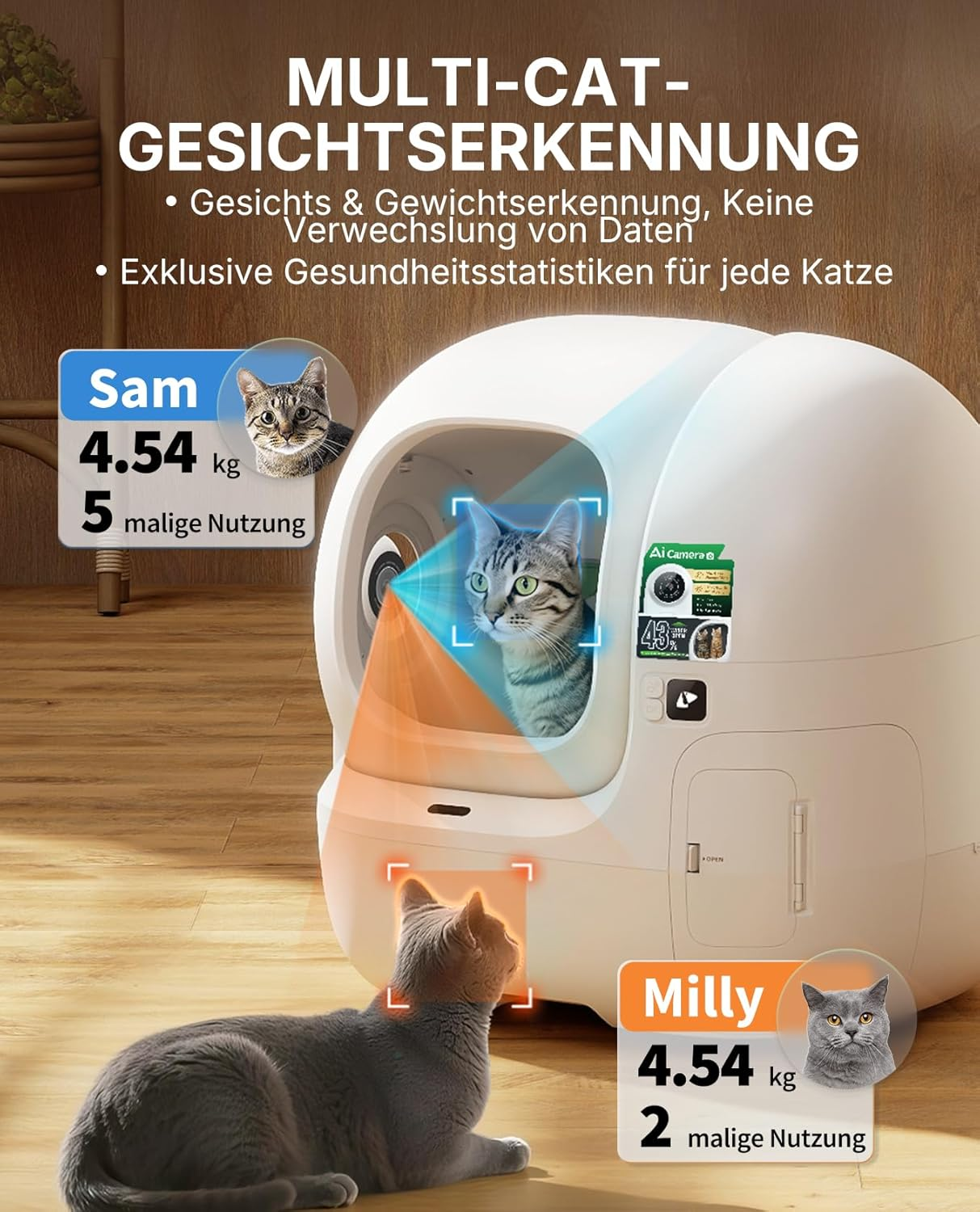 Ein weißer Katzenklo-Automat mit zwei Katzen. Einer im Inneren, einer davor.