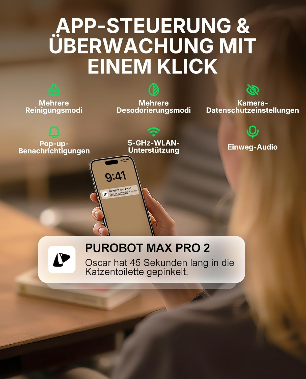 App-Steuerung & Überwachung mit einem Klick. Smartphone zeigt Benachrichtigung.