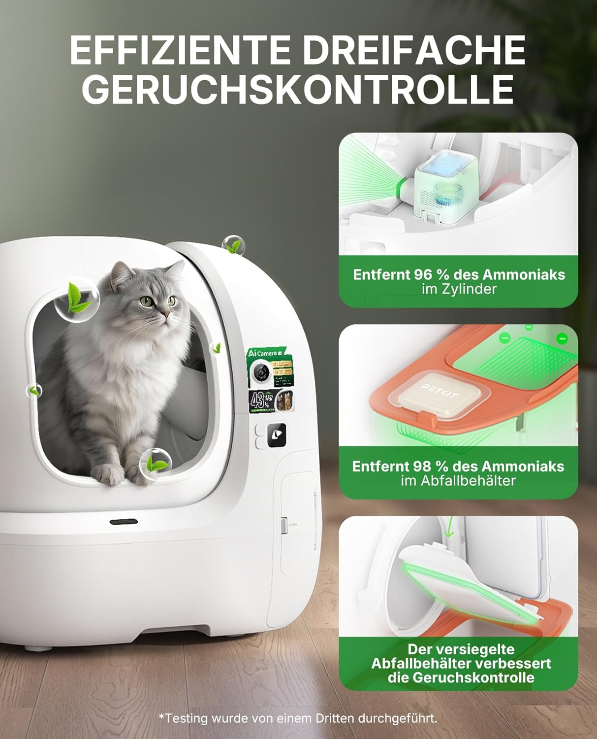 Ein flauschiges graues Kätzchen sitzt in einem weißen, automatischen Katzenklo.