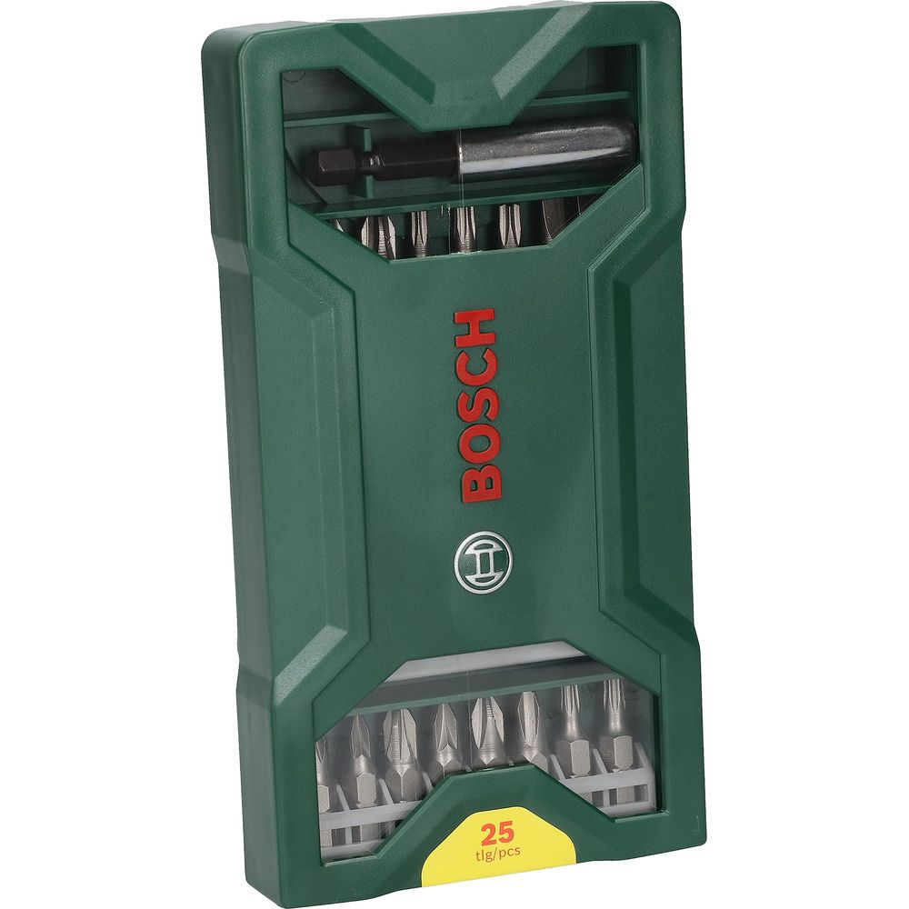 Grünes Bosch-Bit-Set mit 25 Teilen, mit Schraubendreher und Bits.