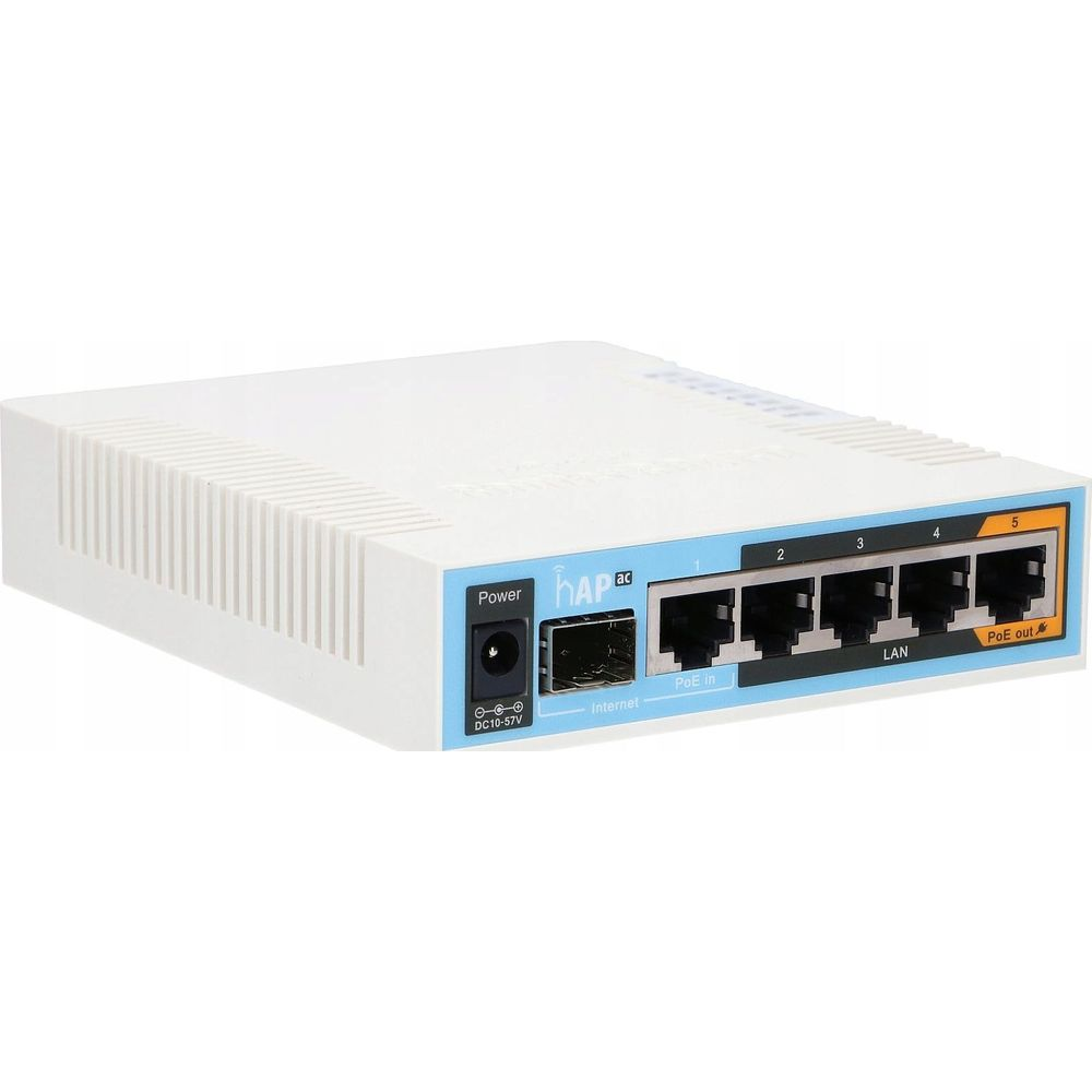 Biały router z wieloma portami, w tym zasilanie, internet i LAN.