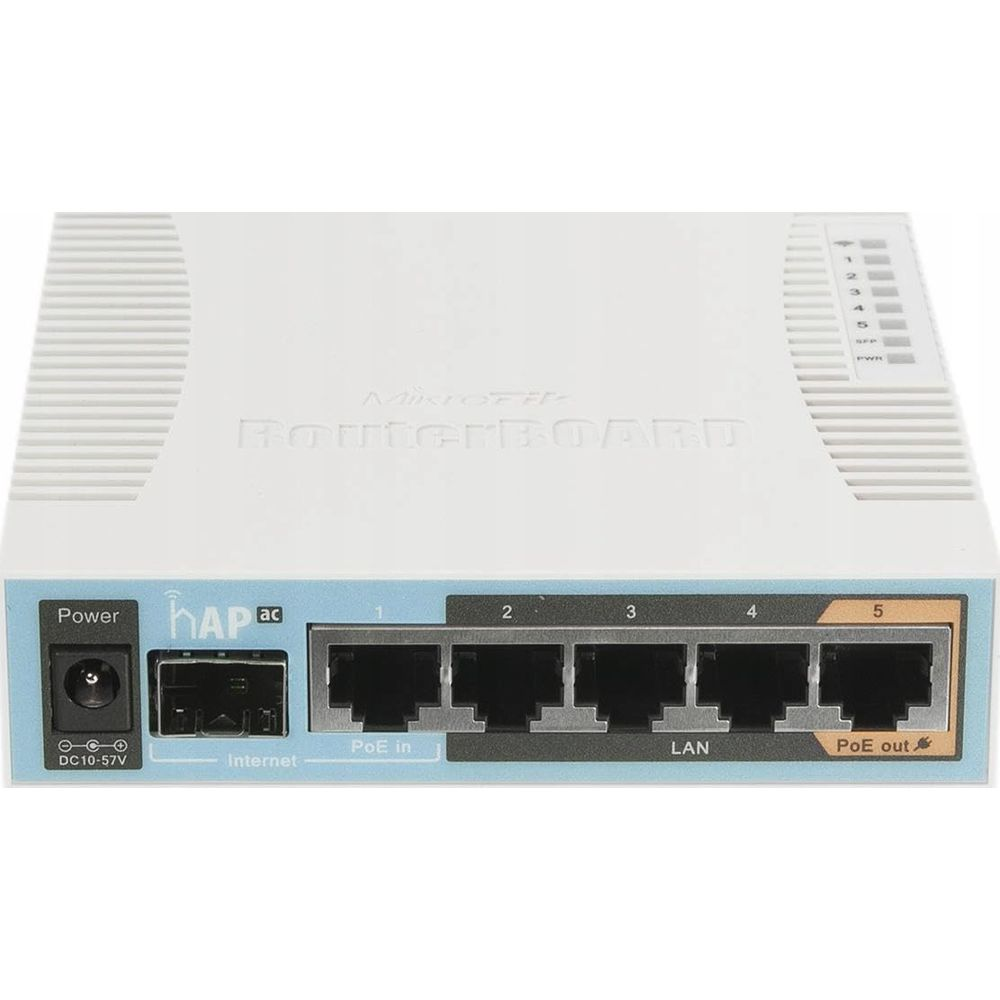 Biały router z pięcioma portami Ethernet i wejściem zasilania.