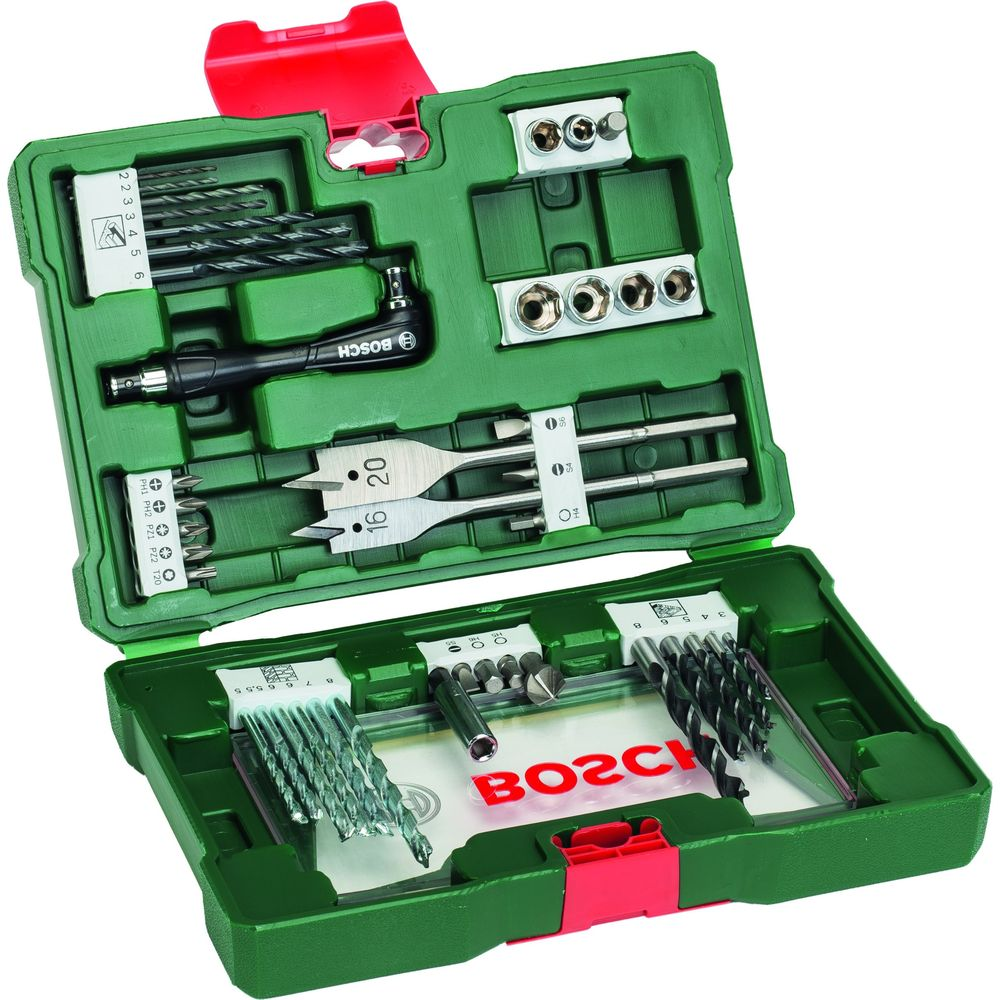 Une boîte à outils Bosch verte ouverte avec divers forets et embouts.
