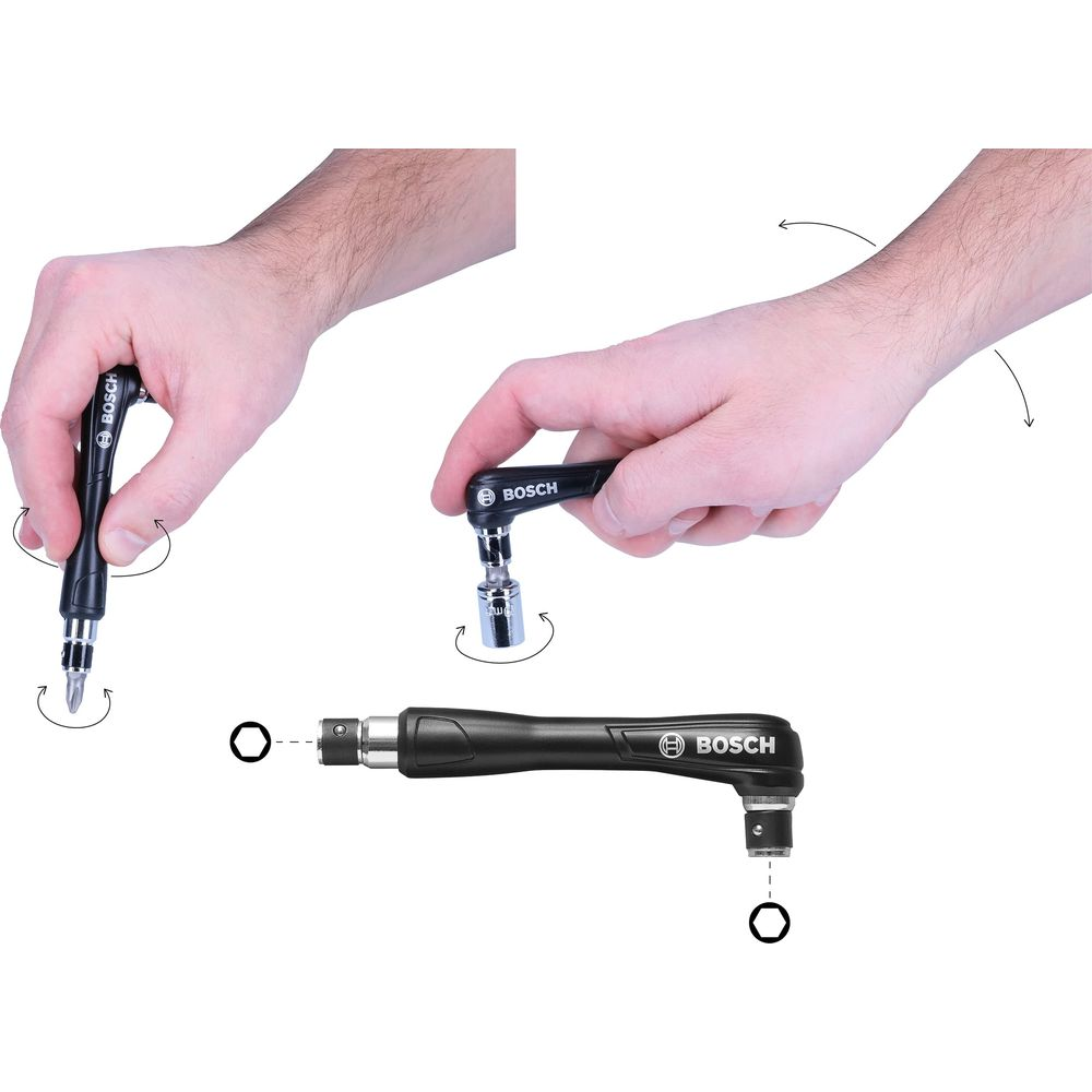 Mains tenant des outils Bosch : un tournevis, une clé à douille, une poignée en T.