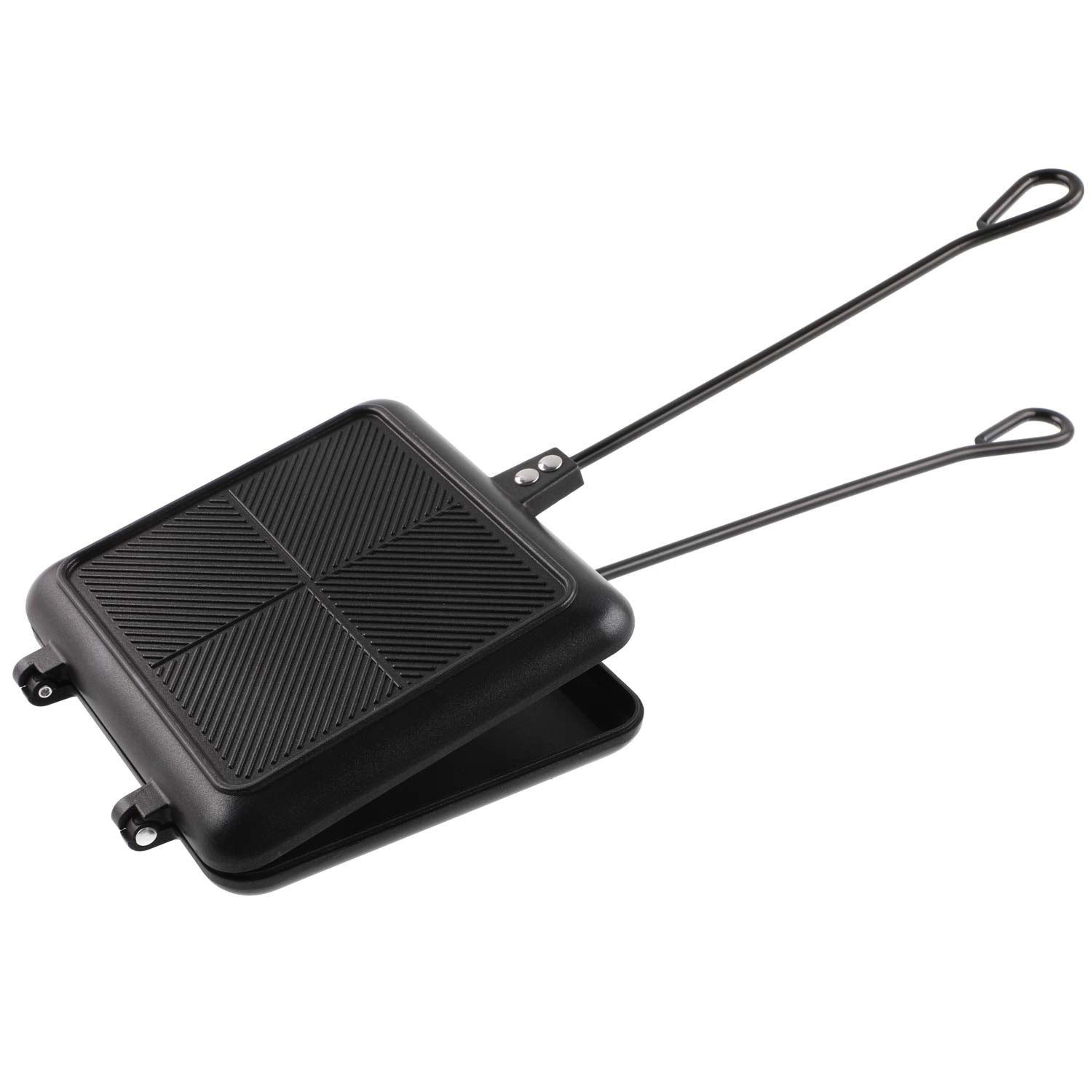 Black sandwich maker with handles, on a white background.