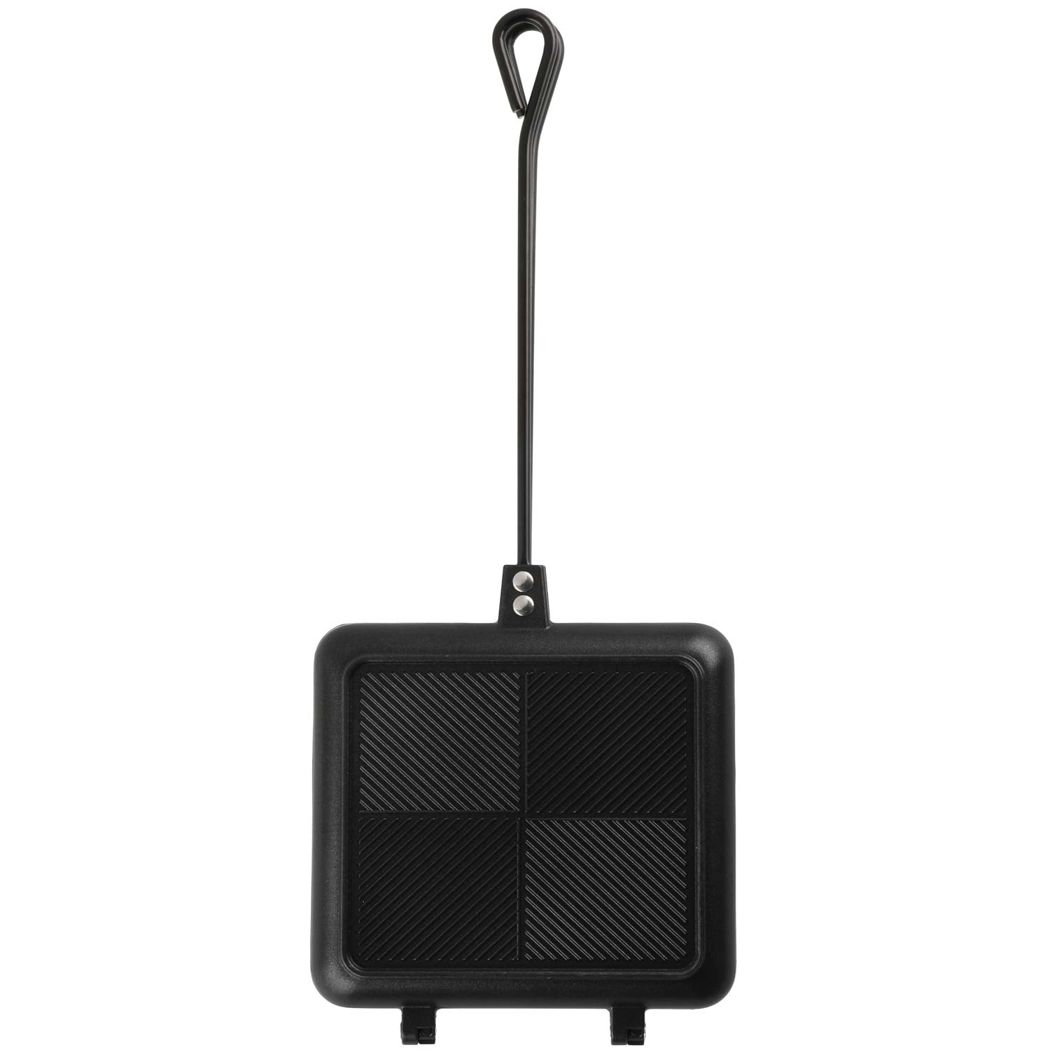 Black sandwich maker with a long handle and a grooved surface.