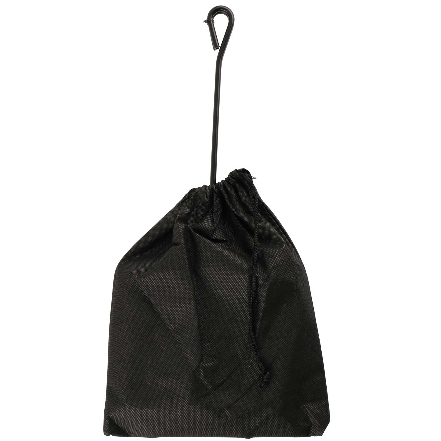 Black drawstring bag hanging from a hook.