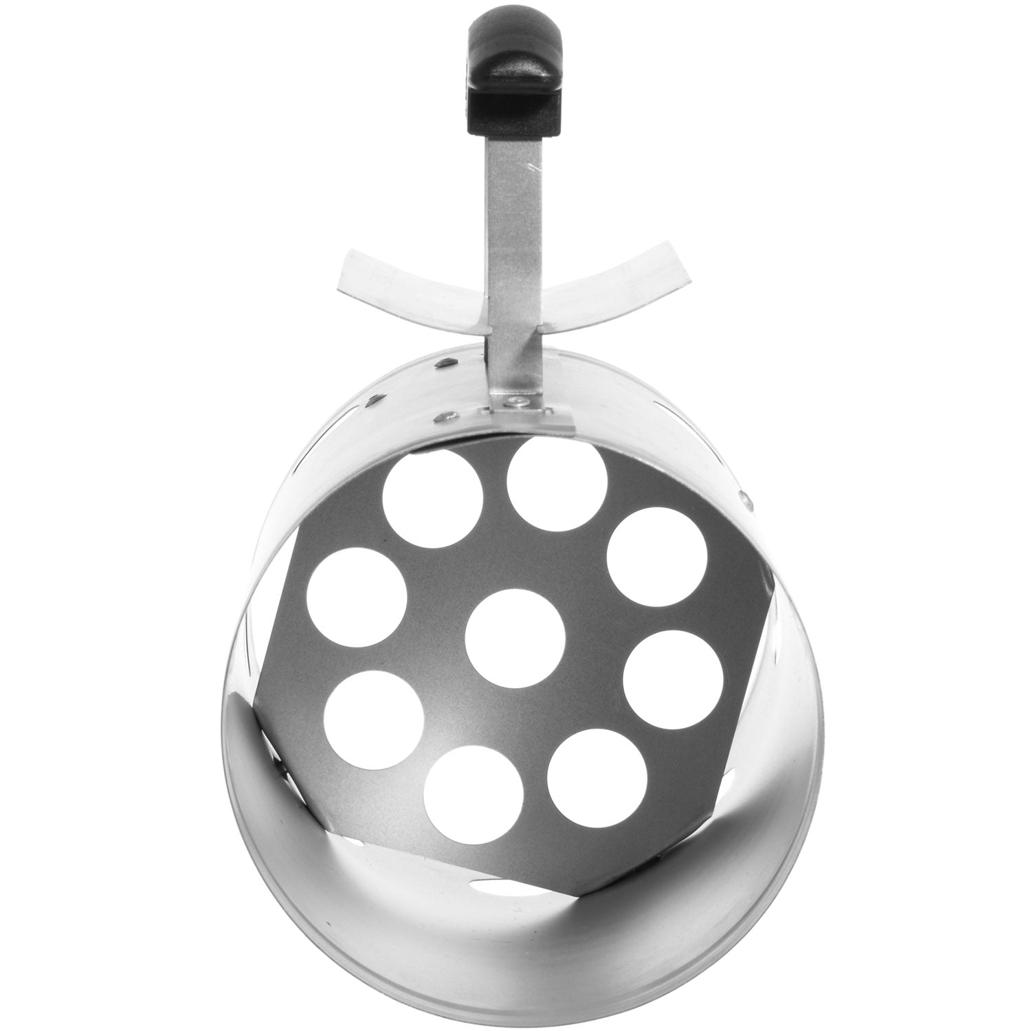 A silver charcoal chimney starter with a black handle and round holes.