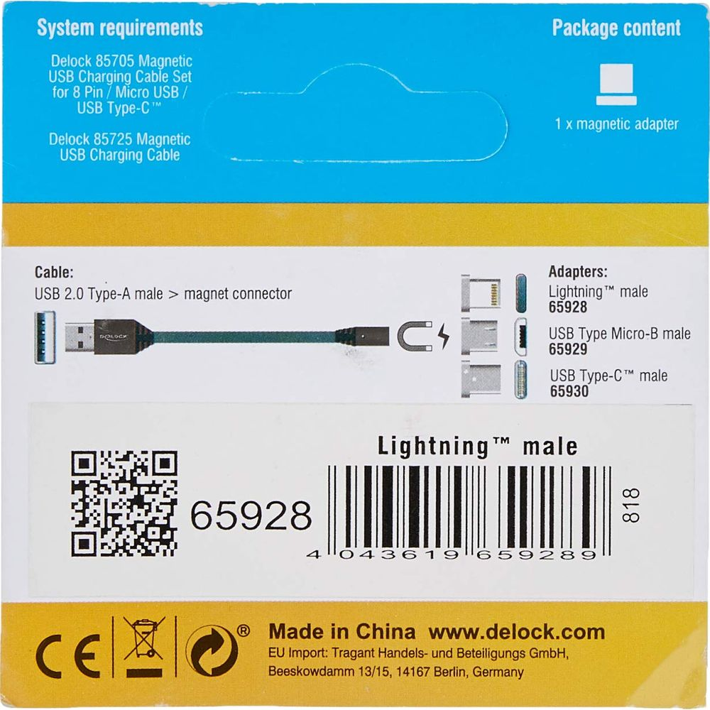 Kabel i adaptery Delock: USB-A do magnetycznego, Lightning, Micro-USB, USB-C.