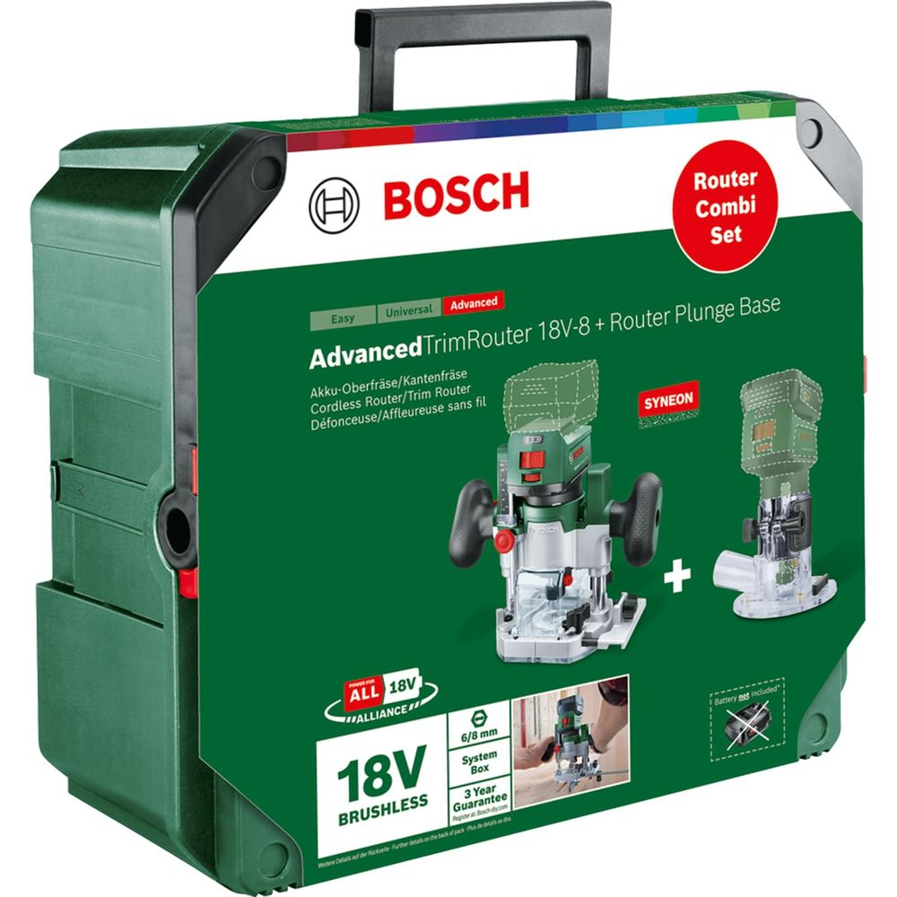 Set Bosch Router Combi dans un coffret vert, montre deux défonceuses, batterie 18V.