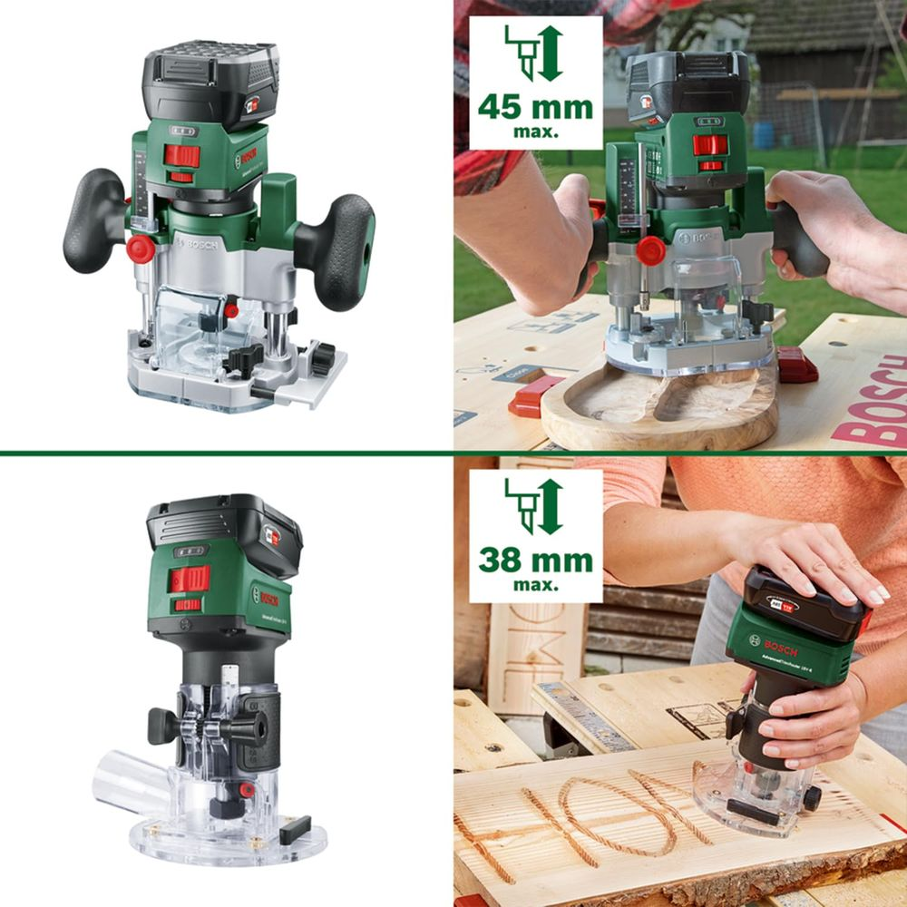 Deux défonceuses Bosch, une avec 45 mm max. de profondeur, l'autre 38 mm.